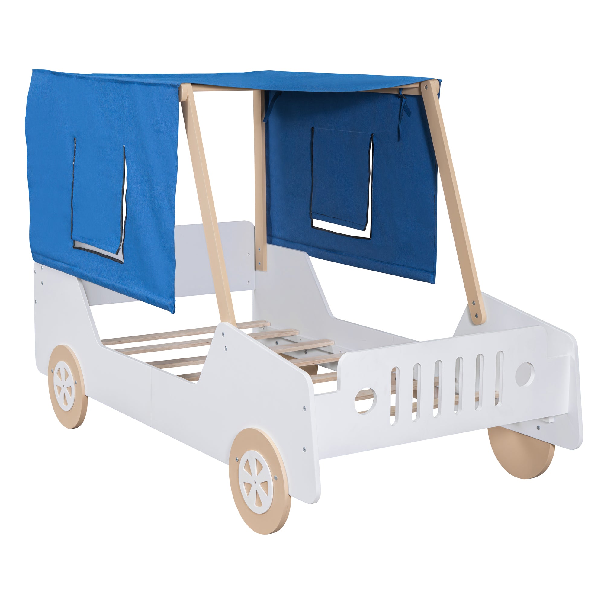 Twin Size Car Shaped Bed with Tents,White+Natural