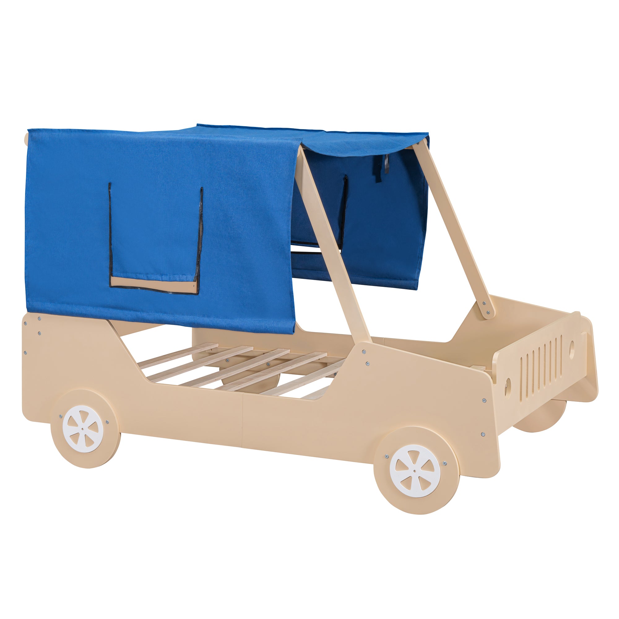 Full Size Car Shaped Bed with Tent, Natural