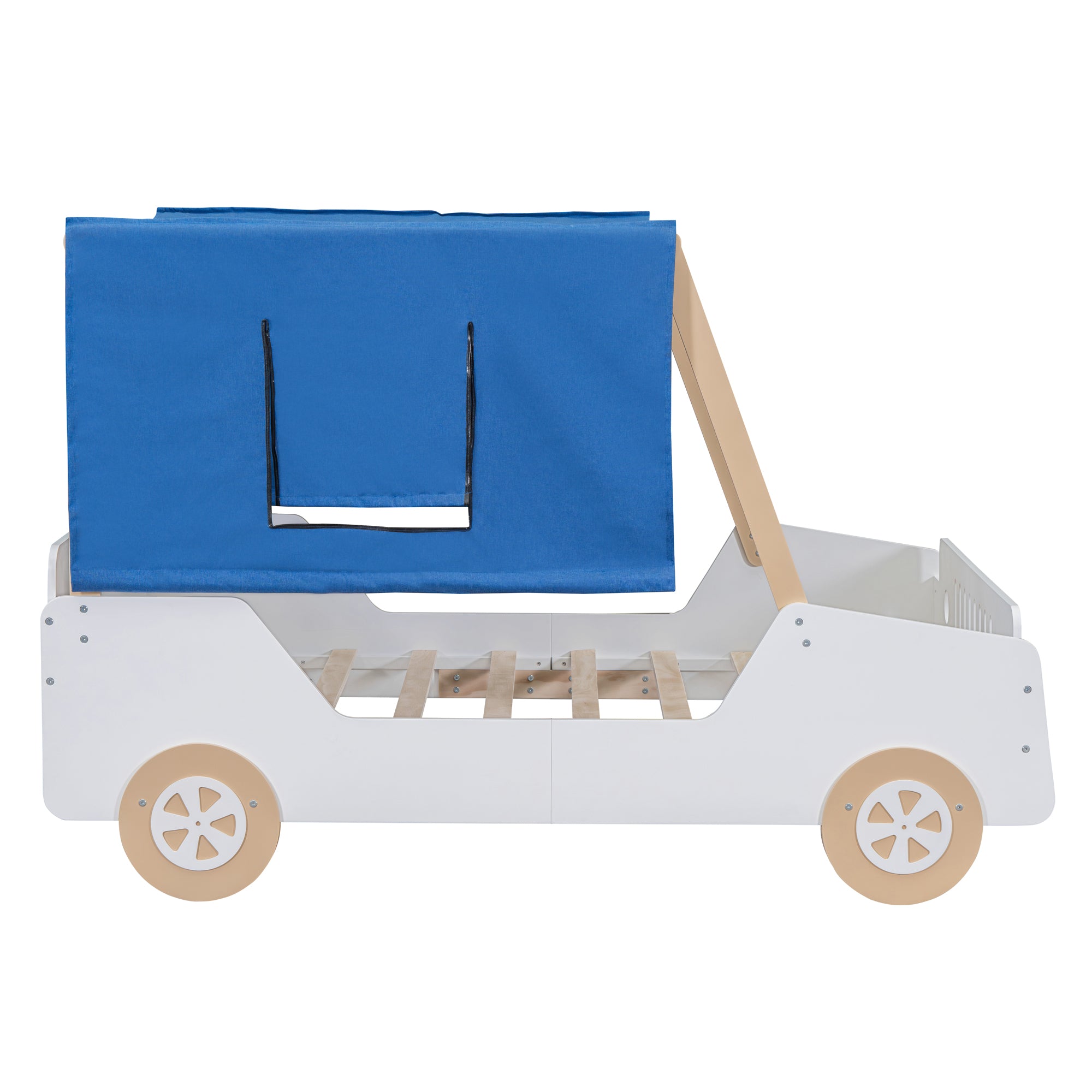 Full Size Car Shaped Bed with Tents,White+Natural