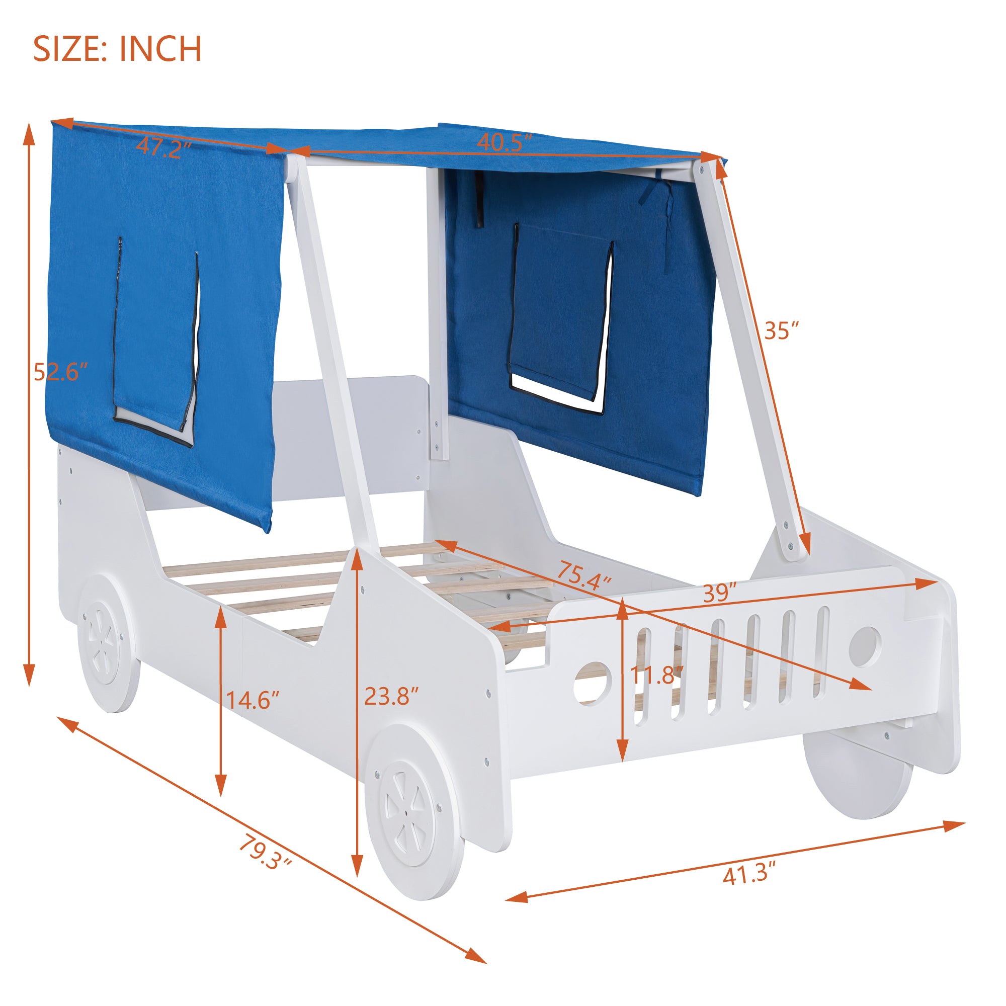 Twin Size Car Shaped Bed with Tents,White