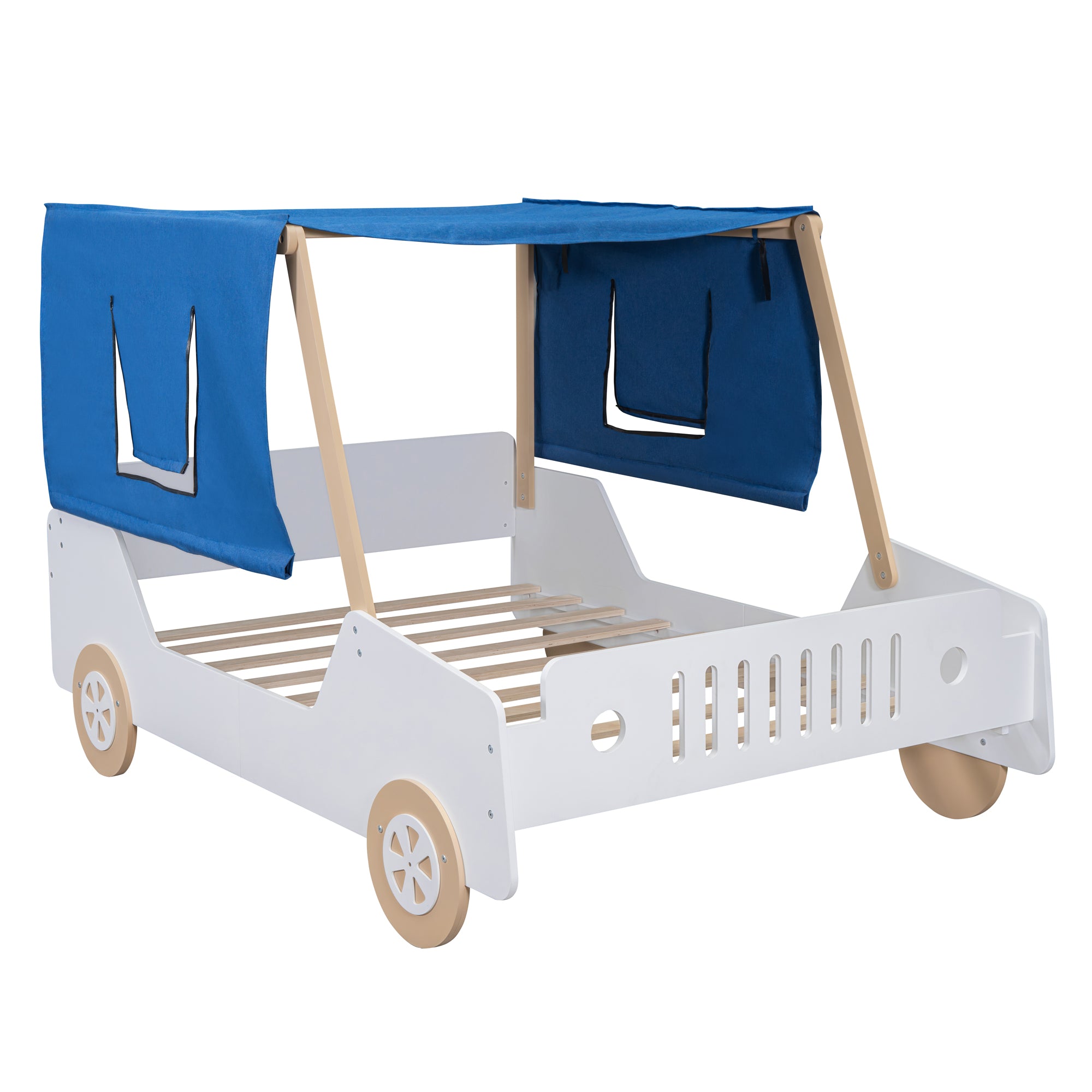 Full Size Car Shaped Bed with Tents,White+Natural