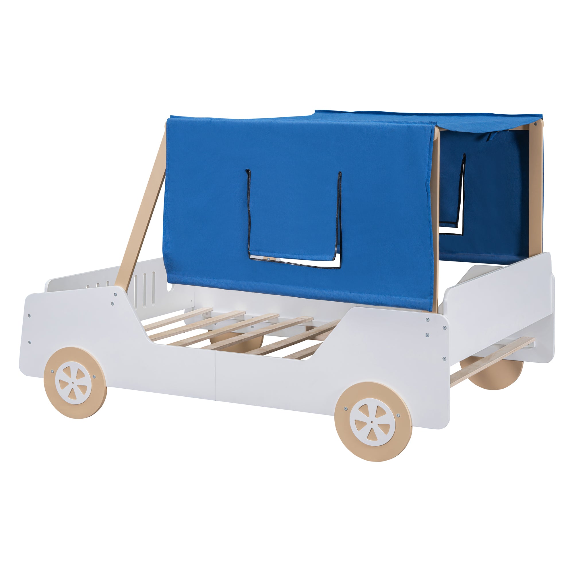 Full Size Car Shaped Bed with Tents,White+Natural