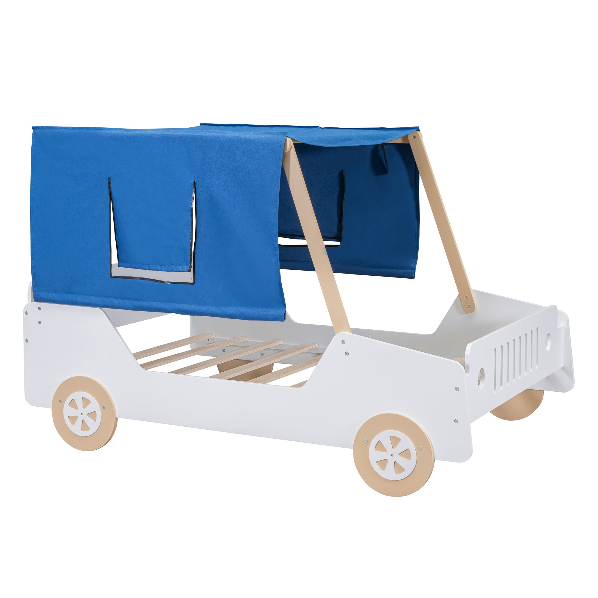 Full Size Car Shaped Bed with Tents,White+Natural