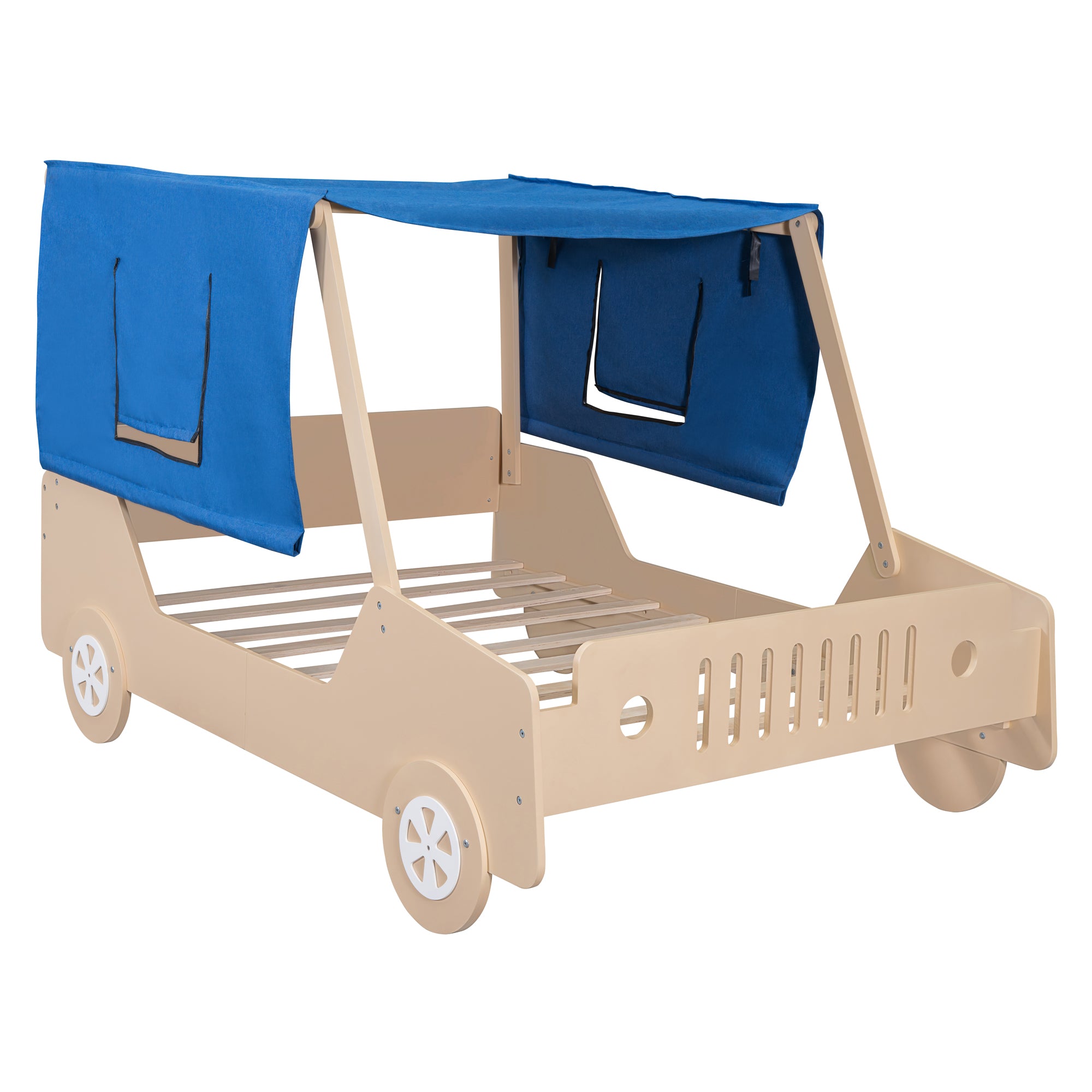 Full Size Car Shaped Bed with Tent, Natural