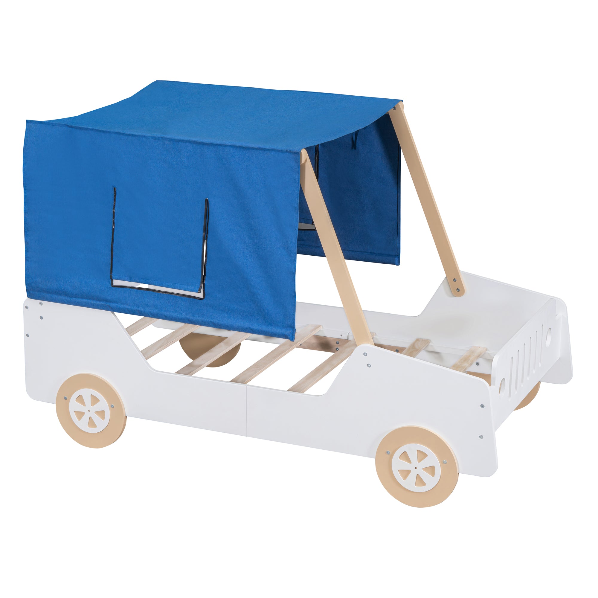 Twin Size Car Shaped Bed with Tents,White+Natural