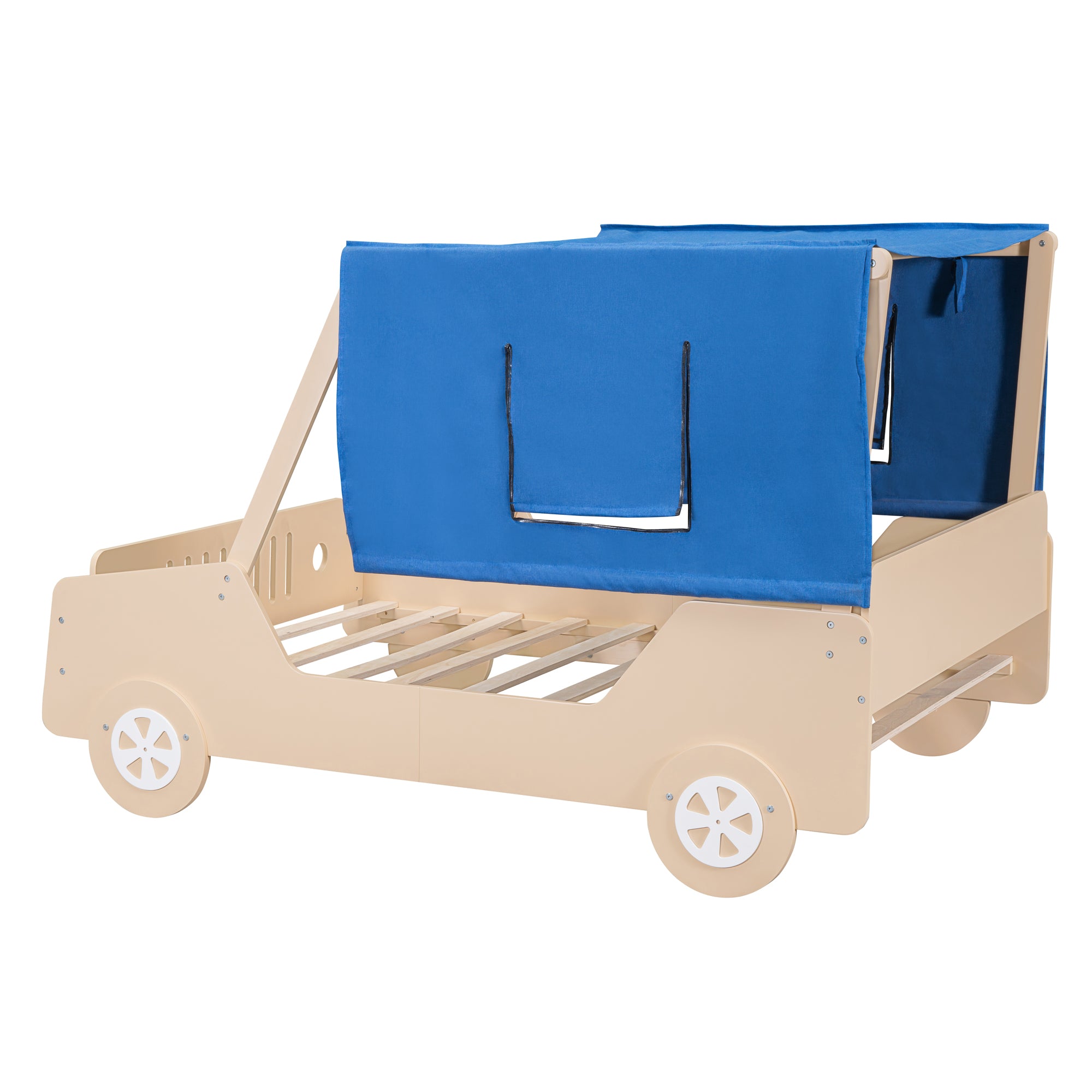 Full Size Car Shaped Bed with Tent, Natural