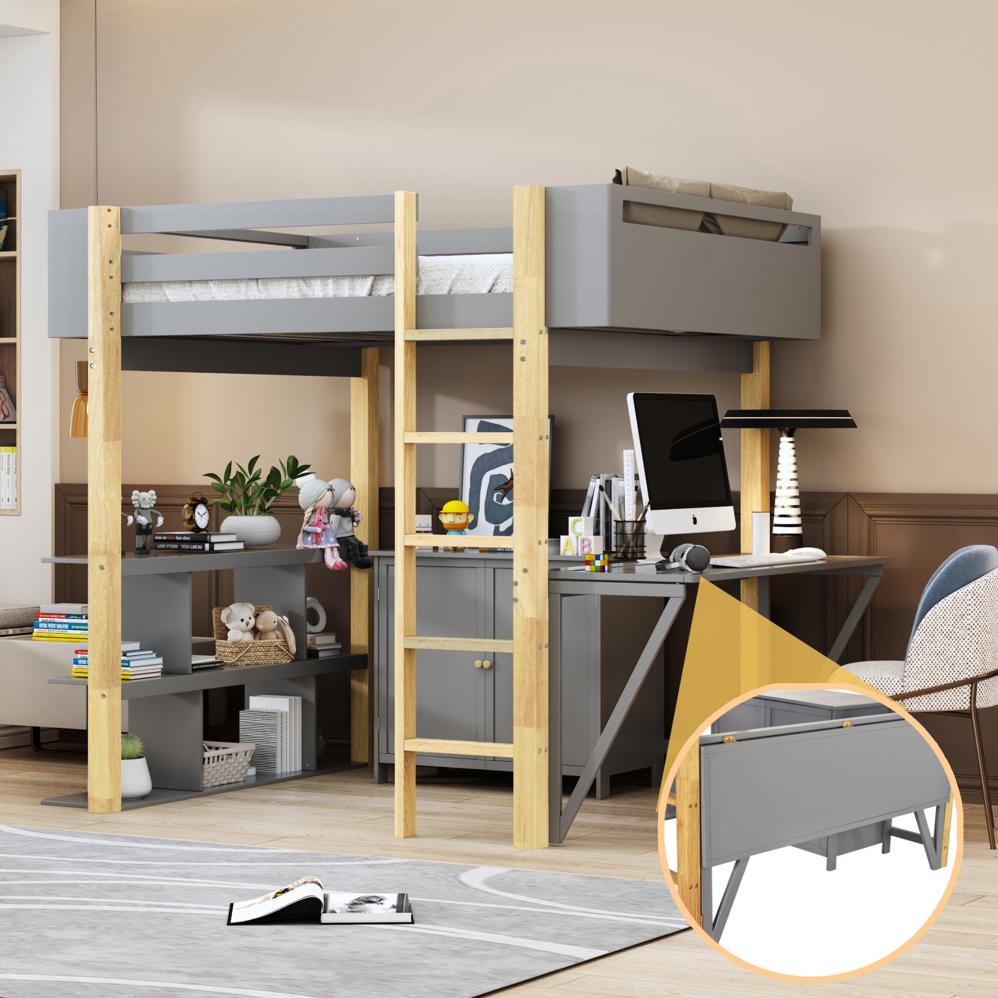 Full Size Wood Loft Bed With Built-in Storage Cabinet and Cubes, Foldable desk, Gray