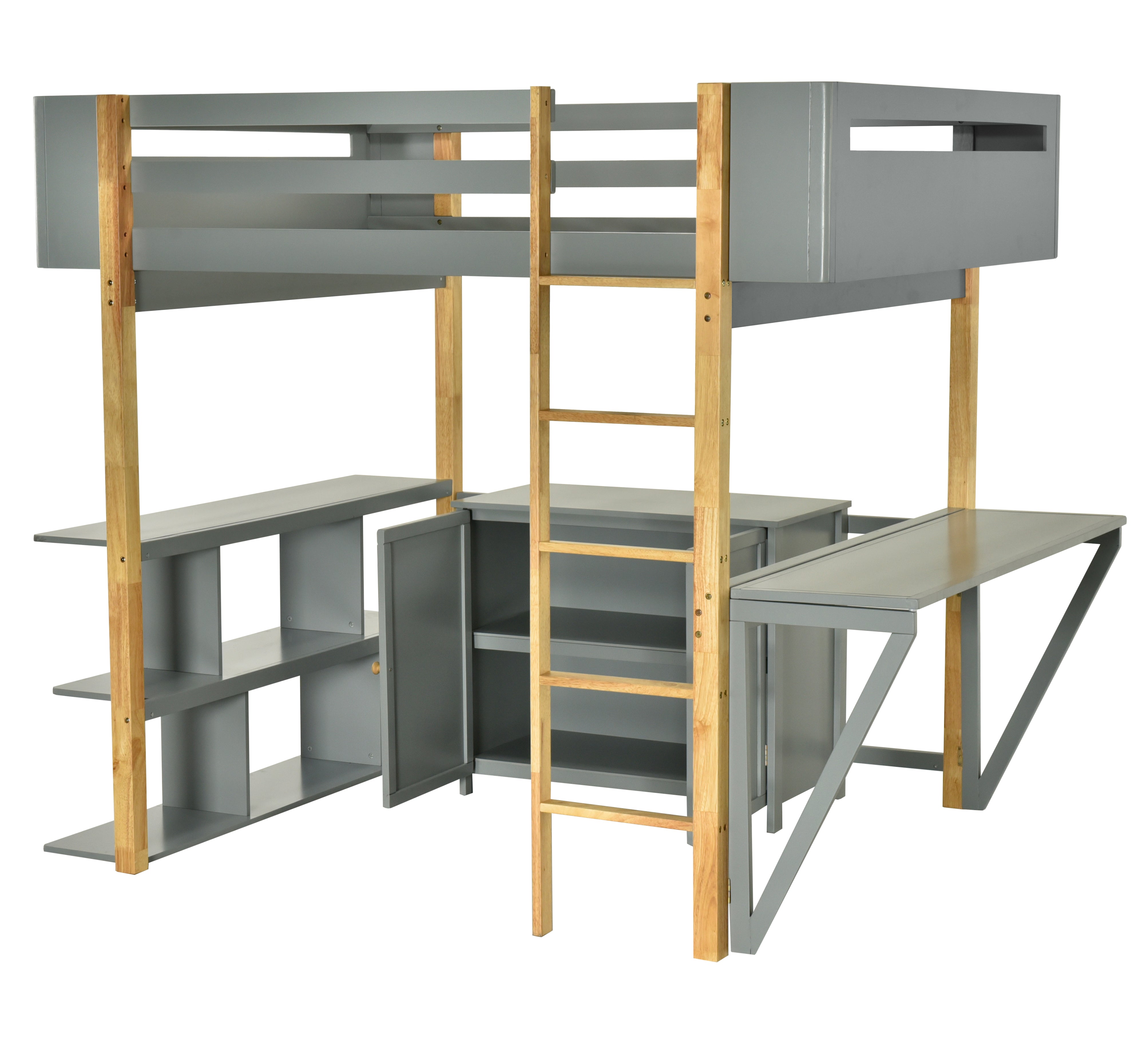 Full Size Wood Loft Bed With Built-in Storage Cabinet and Cubes, Foldable desk, Gray