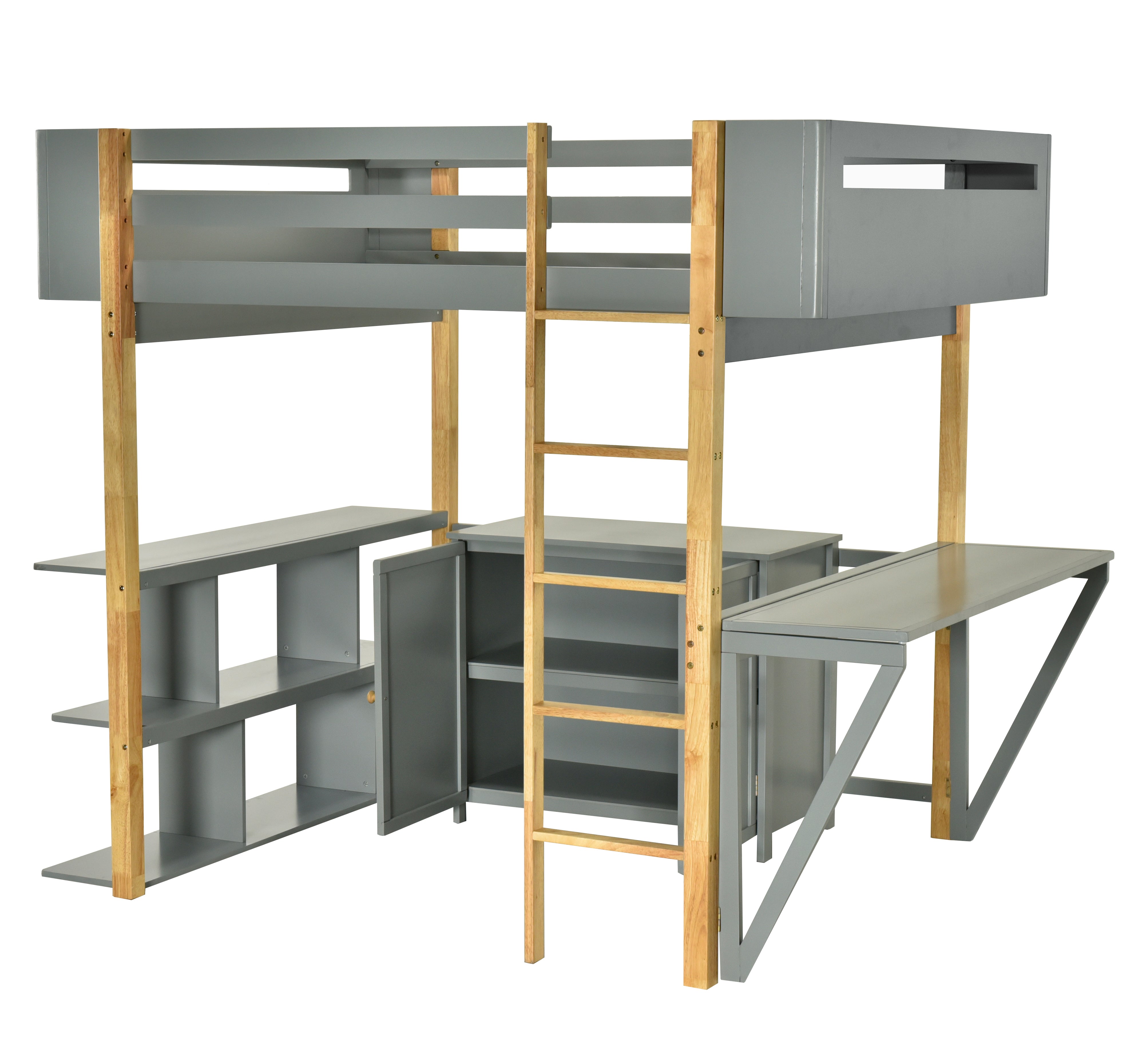 Full Size Wood Loft Bed With Built-in Storage Cabinet and Cubes, Foldable desk, Gray