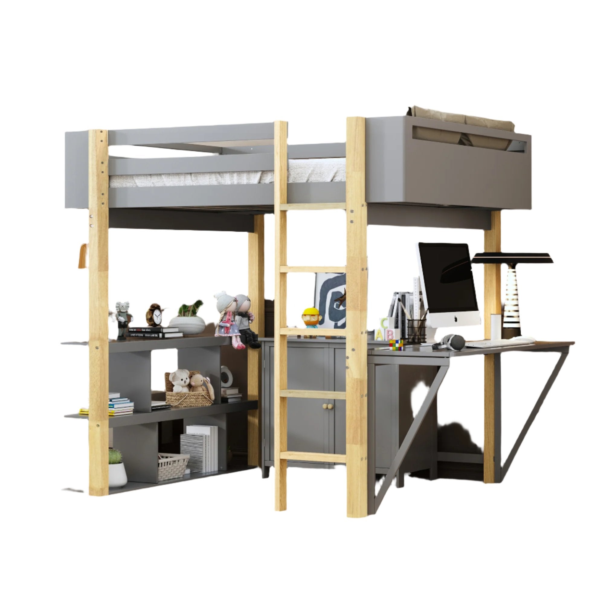 Full Size Wood Loft Bed With Built-in Storage Cabinet and Cubes, Foldable desk, Gray