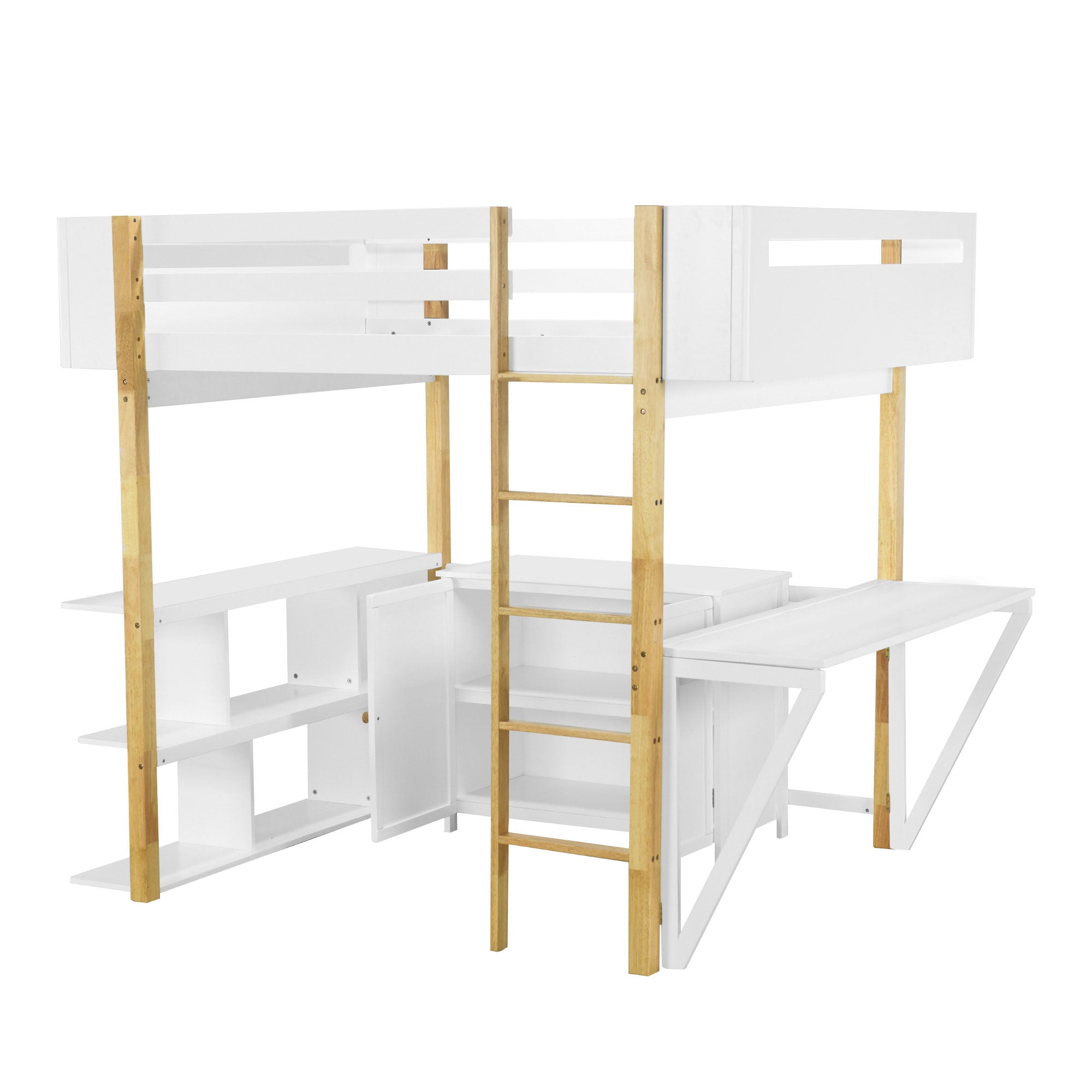 Full Size Wood Loft Bed With Built-in Storage Cabinet and Cubes, Foldable desk, White