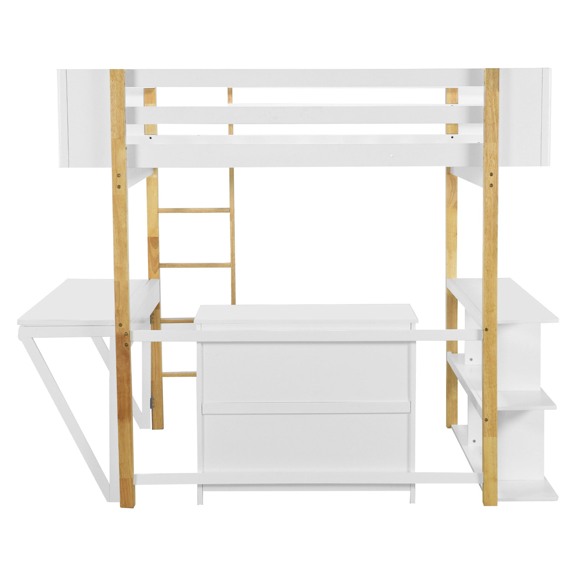 Full Size Wood Loft Bed With Built-in Storage Cabinet and Cubes, Foldable desk, White