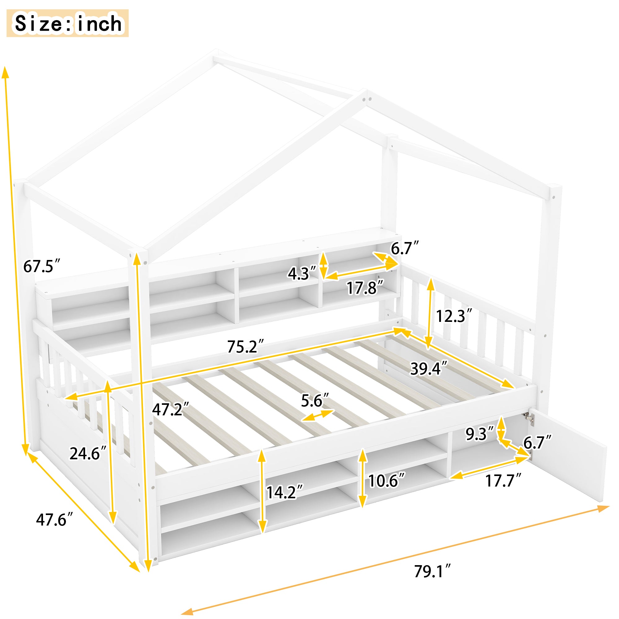 Twin Size Wooden House Bed with Shelves and a Mini-cabinet, White