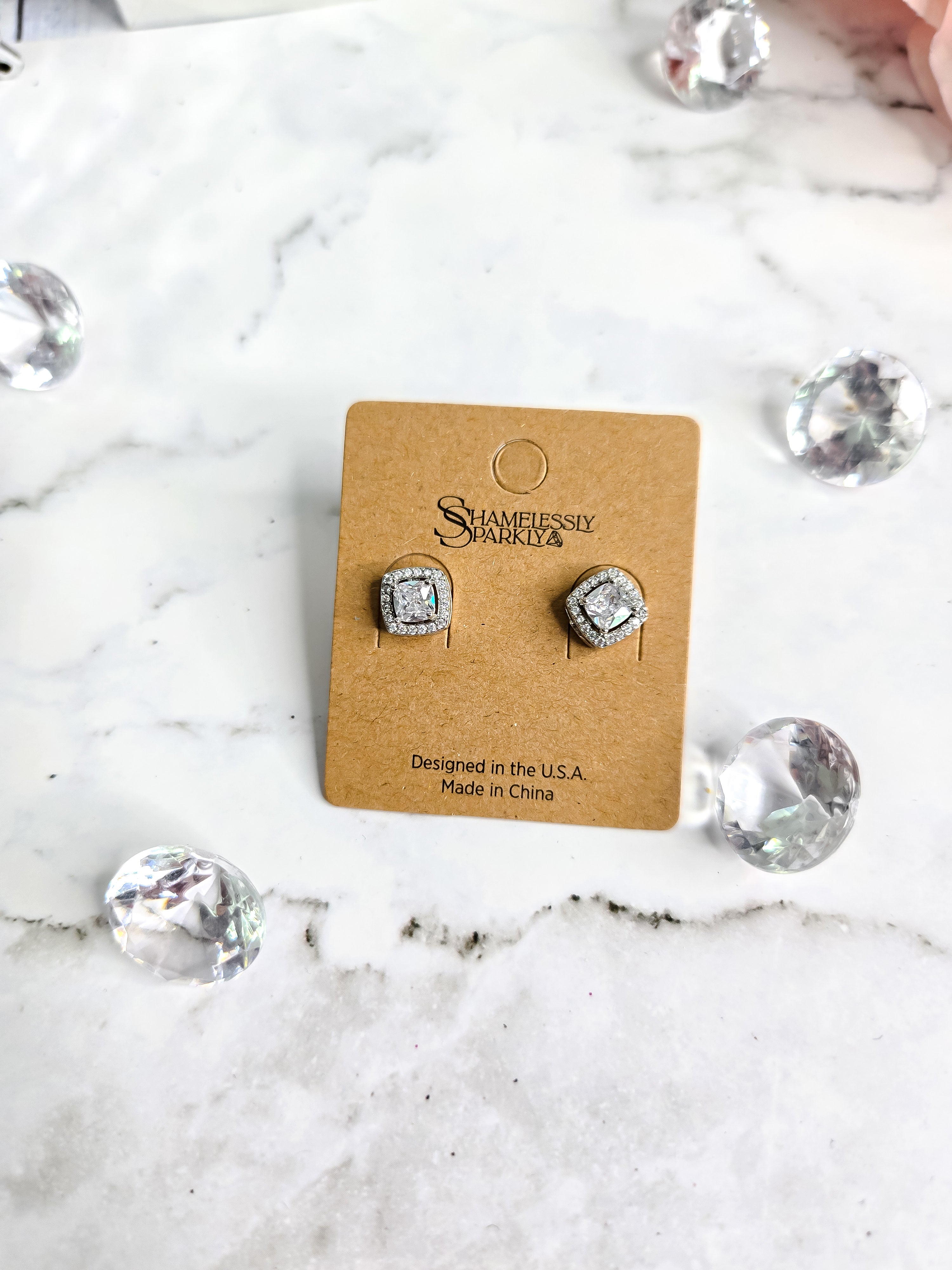 Allison Dainty Square Studs With Clear Glass Crystals