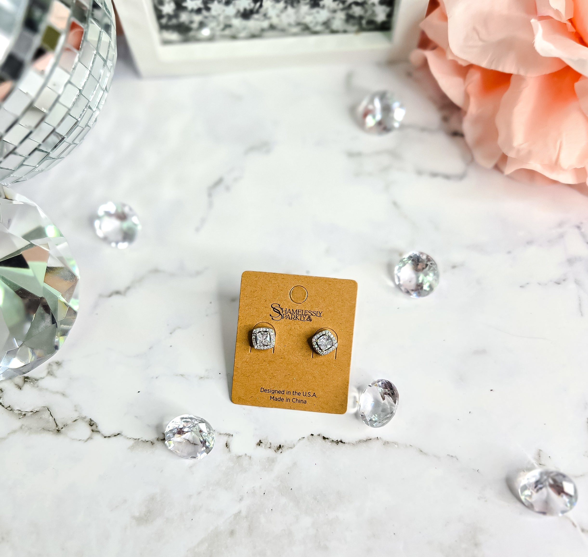 Allison Dainty Square Studs With Clear Glass Crystals