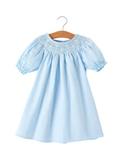 Girls Cross Smocking Embroidered Blue Dress