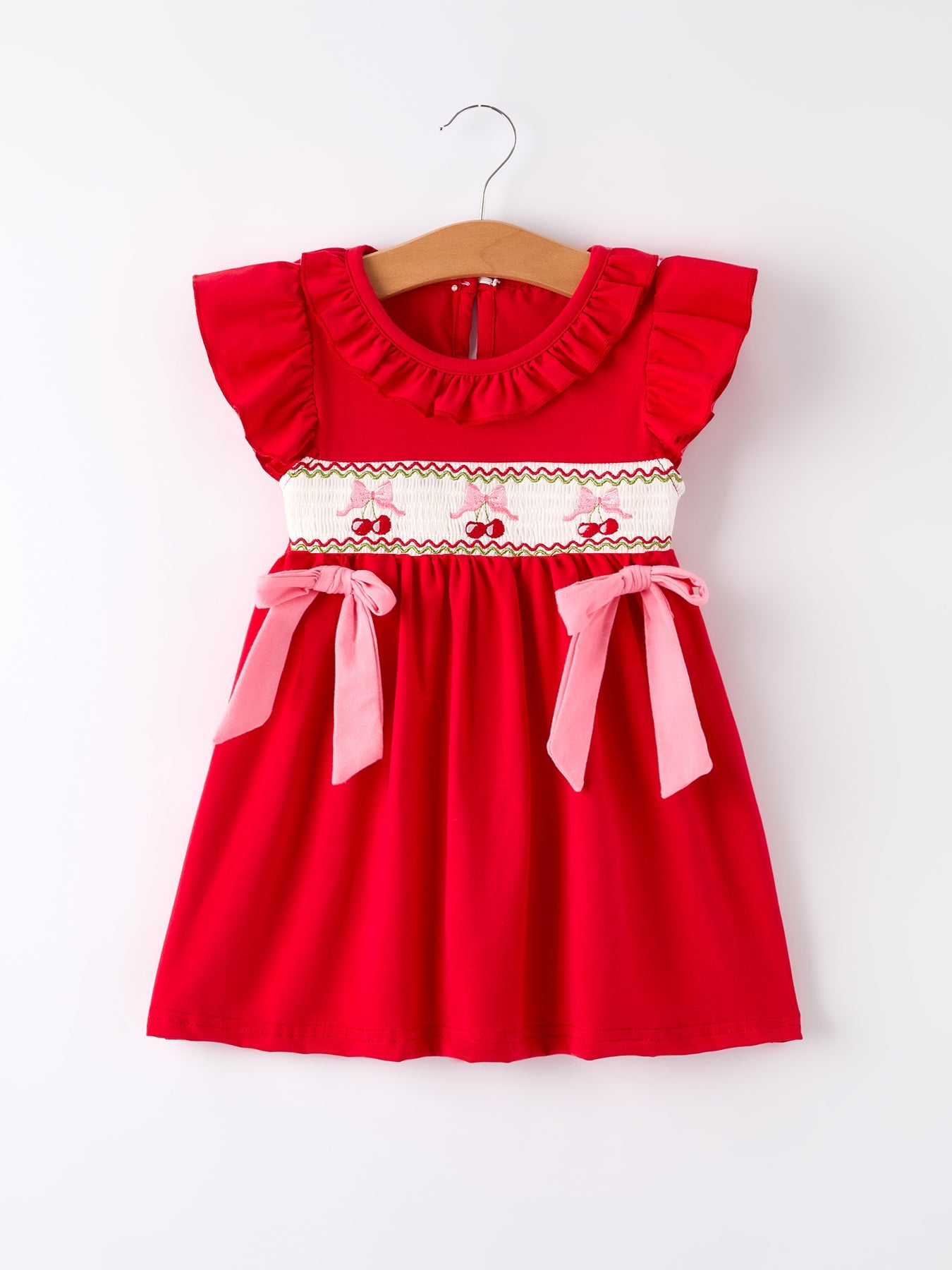 Red Cherry Bow Smocking Embroidery Girls'  Dress