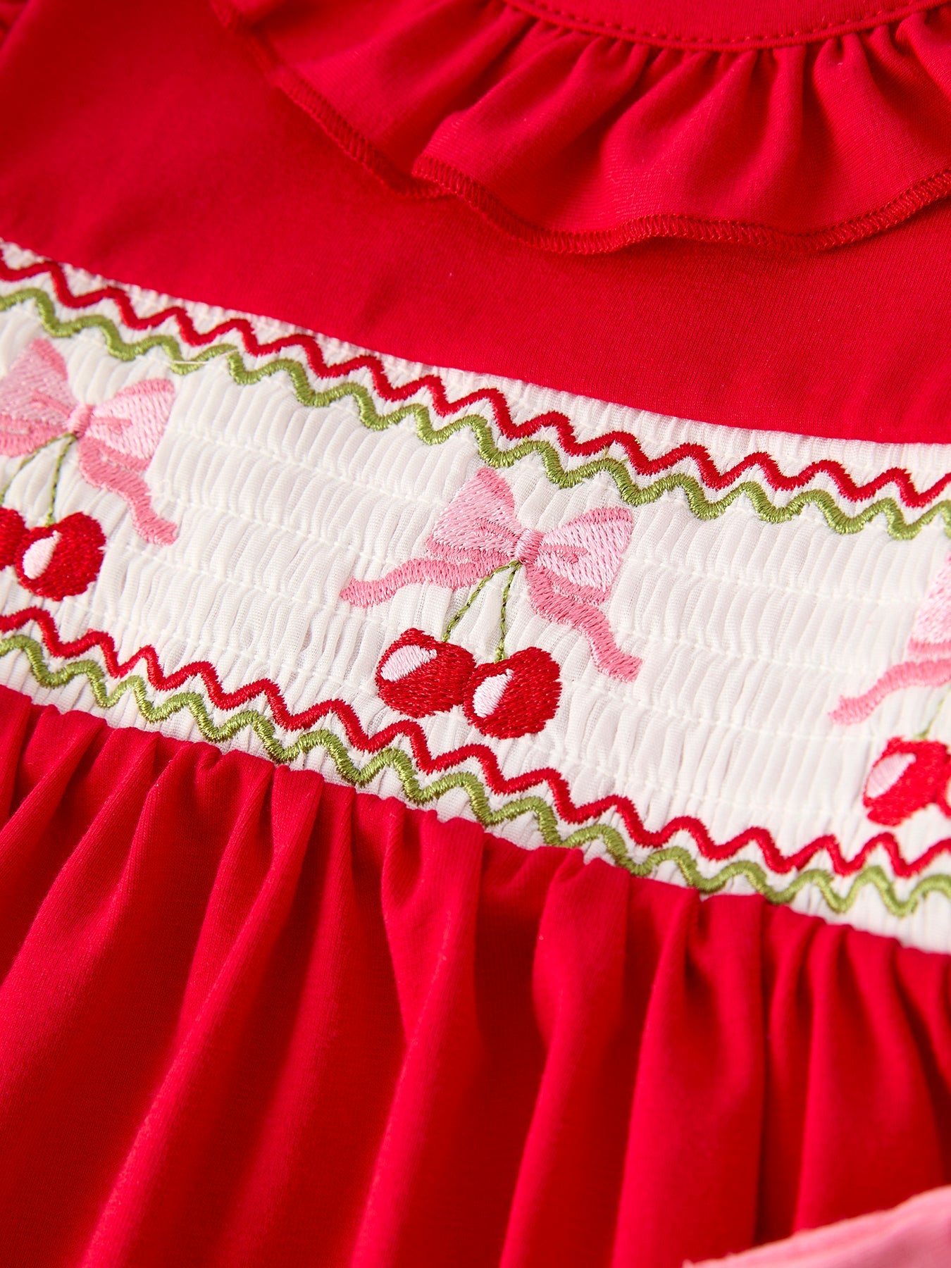 Red Cherry Bow Smocking Embroidery Girls'  Dress