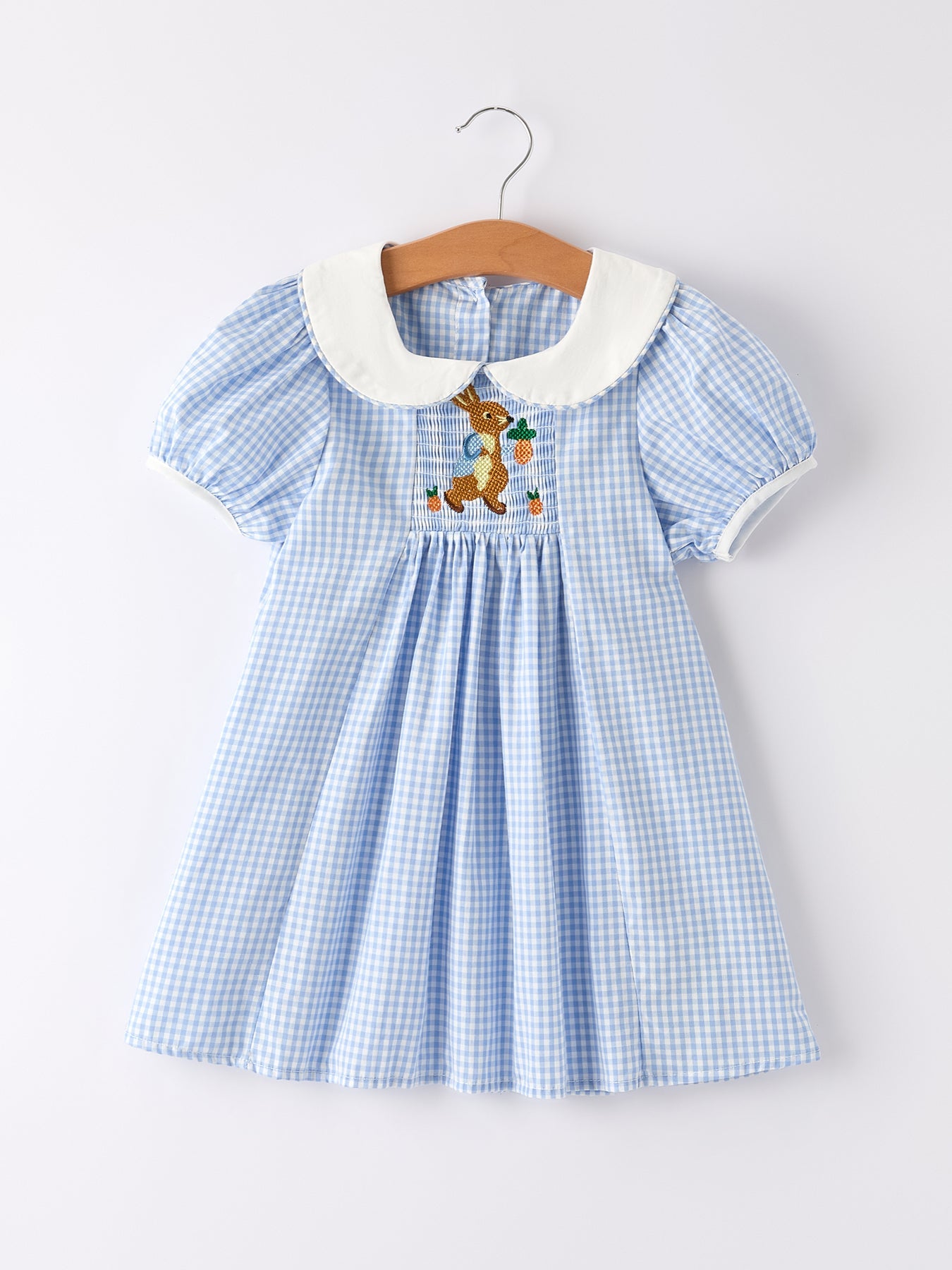 Blue Rabbit Embroidery Plaid Baby Collar Dress