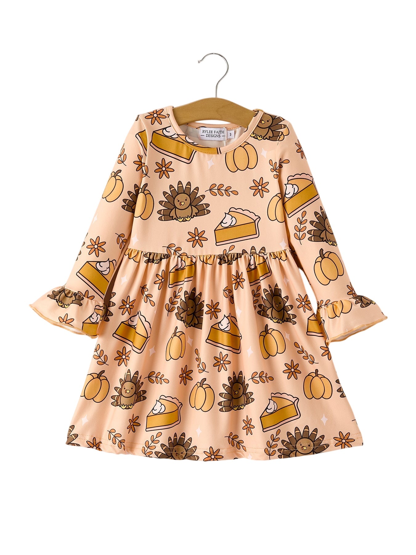 Thanksgiving Day Turkey Pie Print Ruffle Sleeve Fun Dress