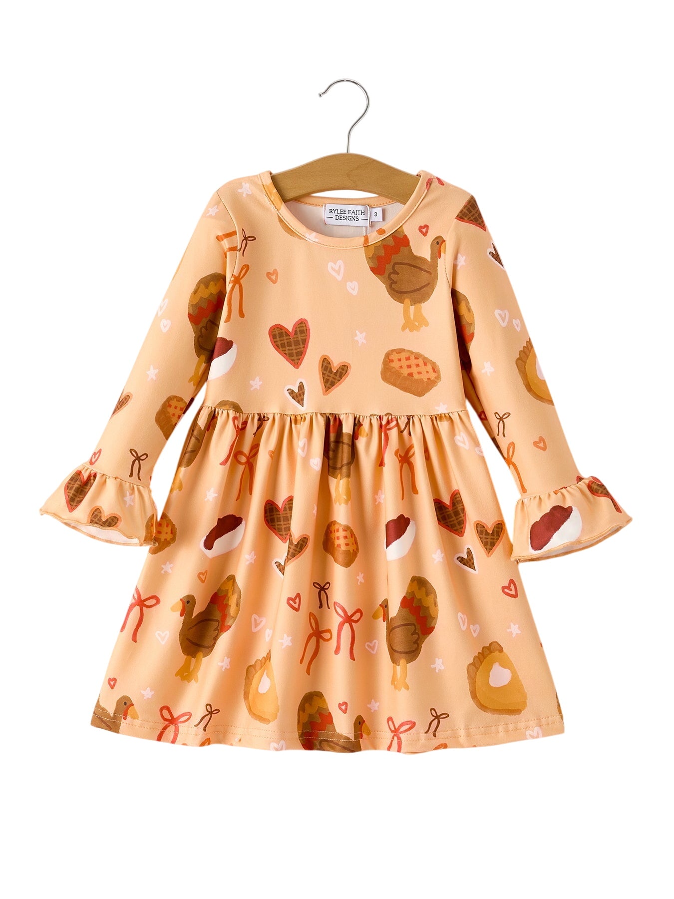 Thanksgiving Day Turkey Pie Print Ruffle Sleeve Dress