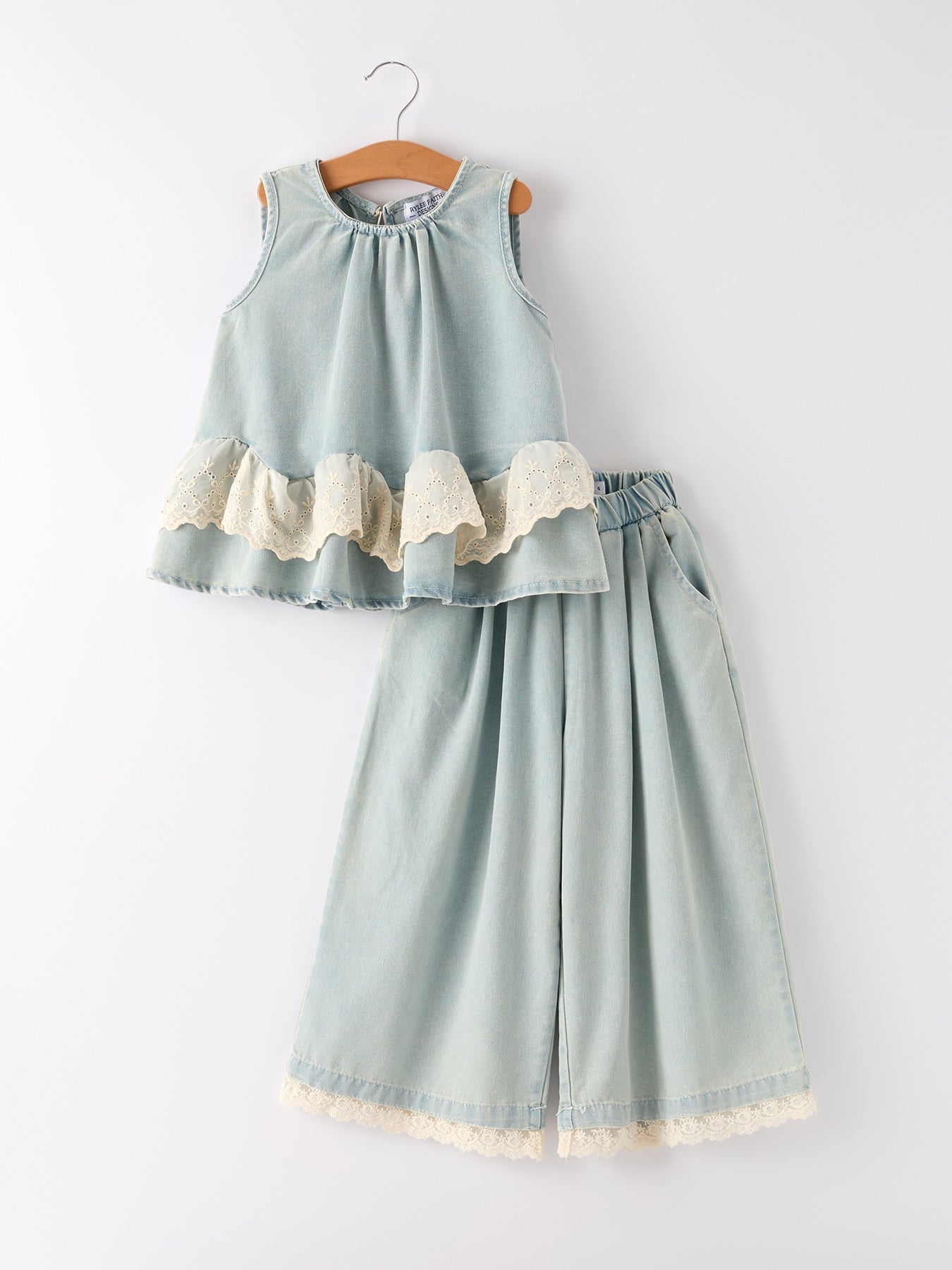 Summer Light Color Denim Lace Girls Set