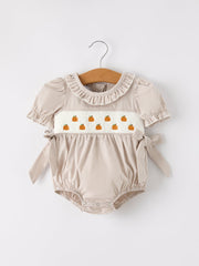 Fall Halloween & Thanksgiving Pumpkin Embroidery Smock Plaid Baby Girl Romper