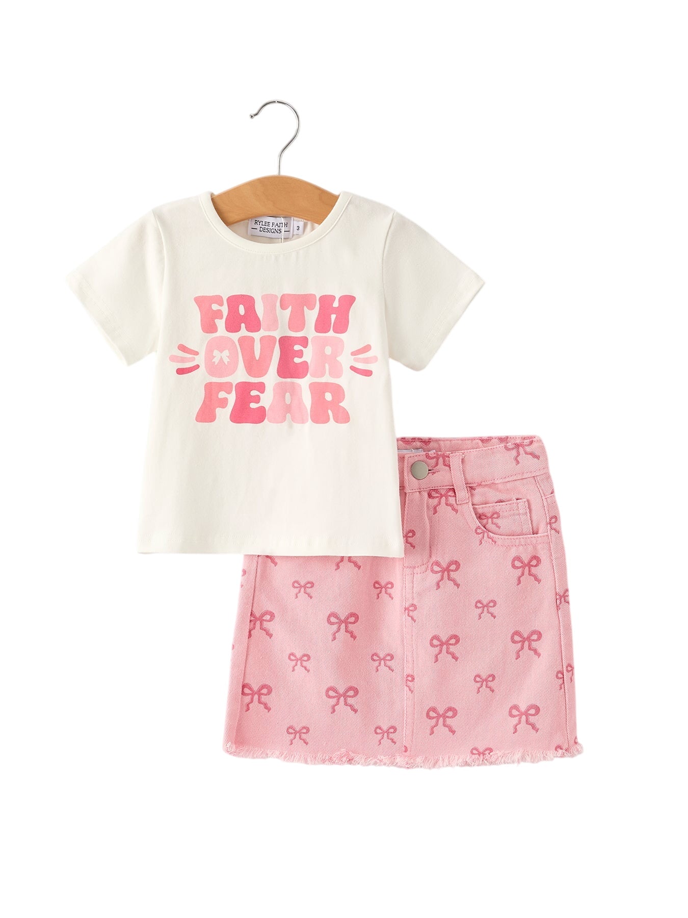 Girls Set Letter T-shirt + Pink Bow Printed Denim Skirt