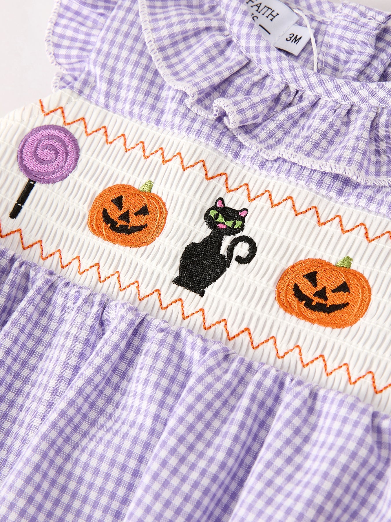 Fall Halloween Purple Balloon Pumpkin Cat Smock Embroidery Baby Girl Romper