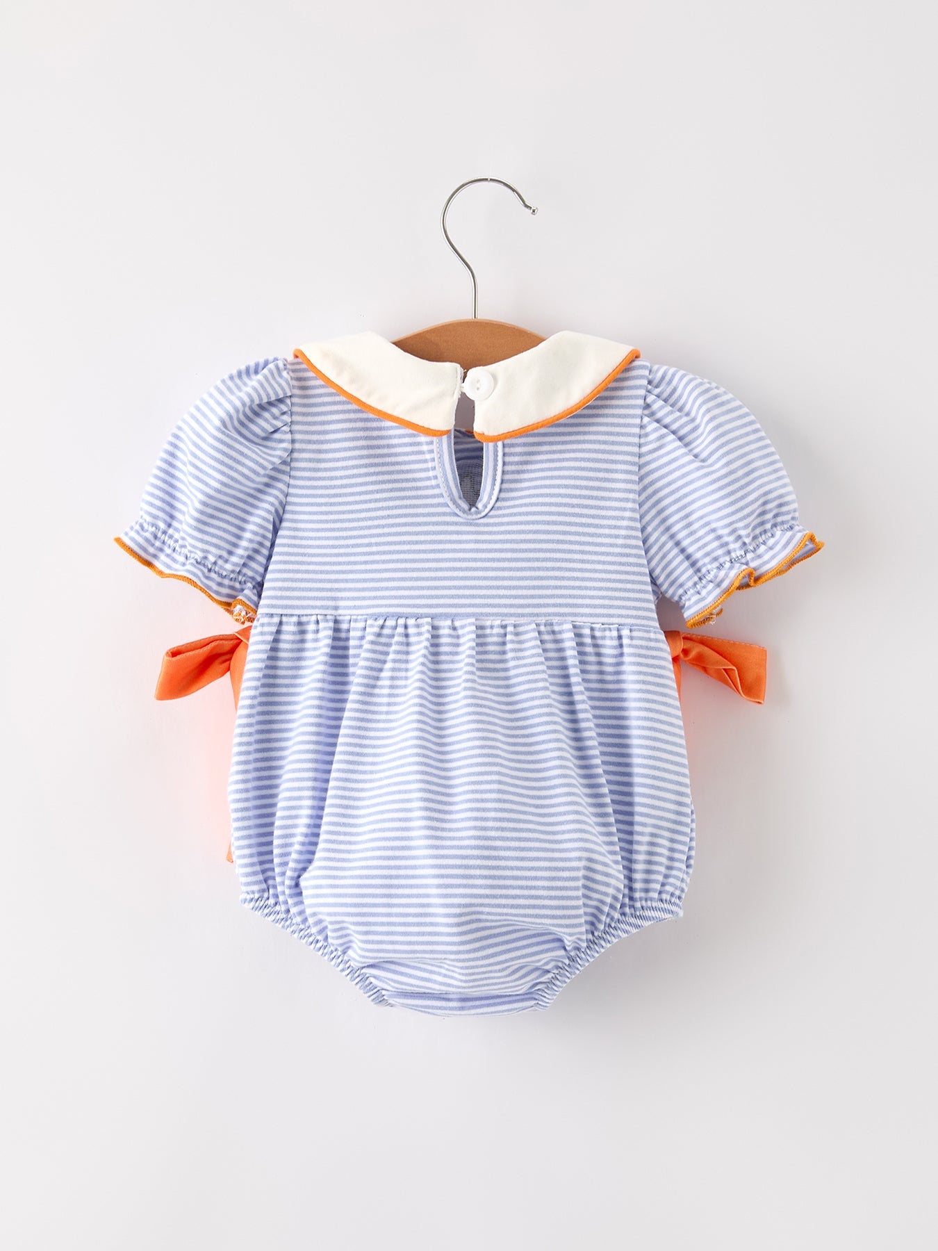 Fall Thanksgiving And Halloween Lapel Stripe Pumpkin Applique Bow Girls Romper
