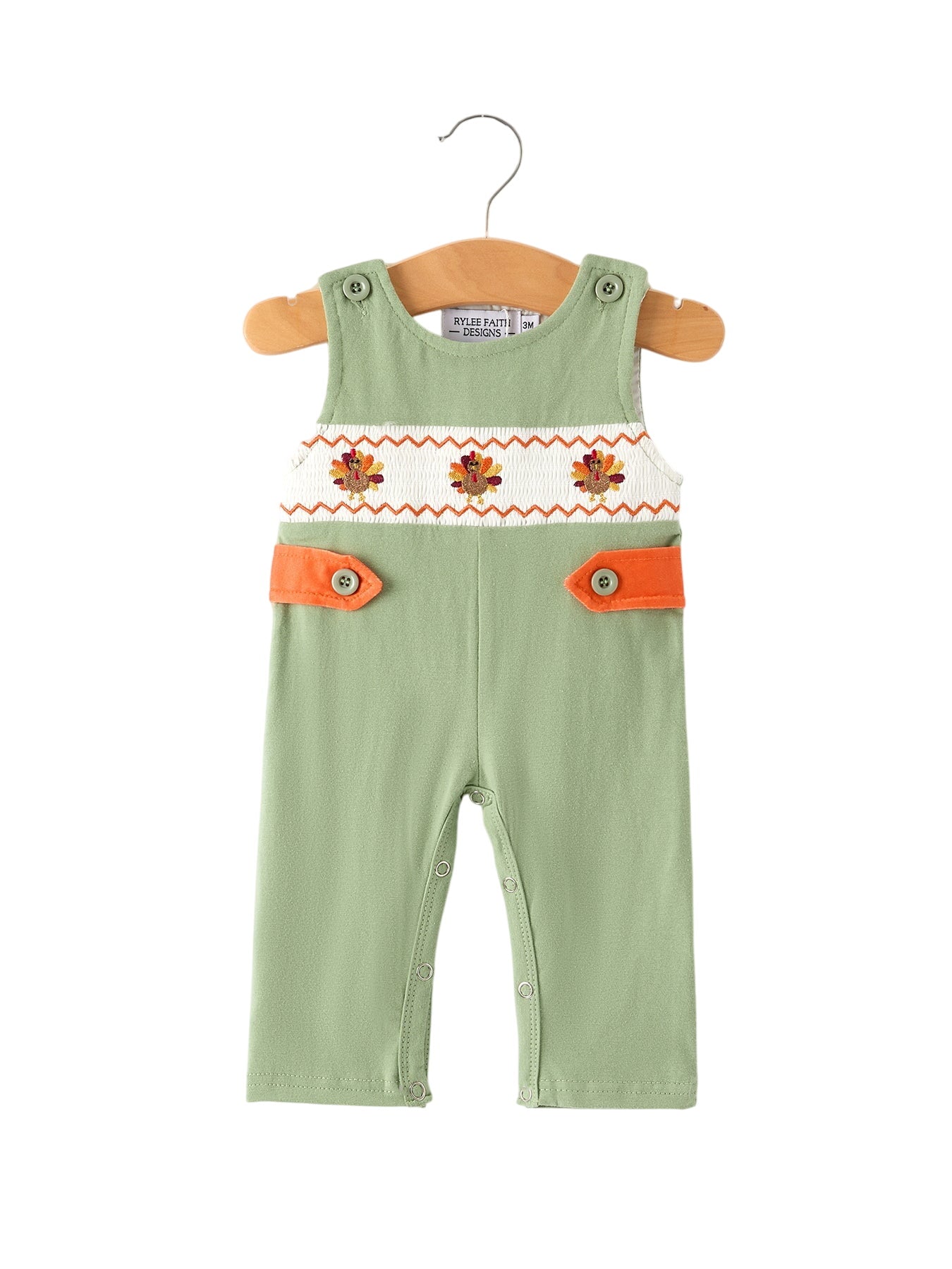 Fall Thanksgiving Chicken Smock Embroidered Green Boys Romper