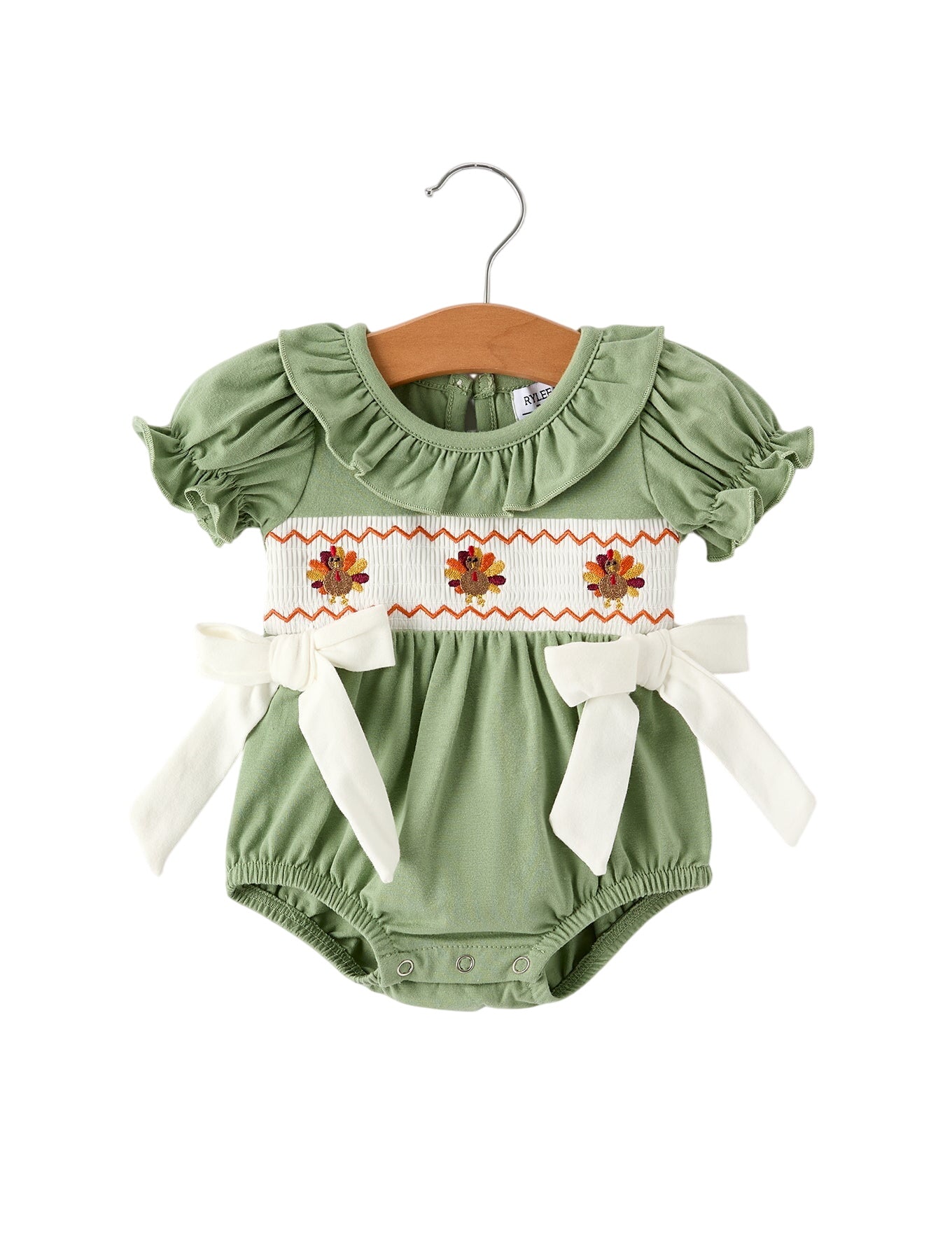 Fall Thanksgiving Chicken Smock Embroidered Green  Baby Girl Romper