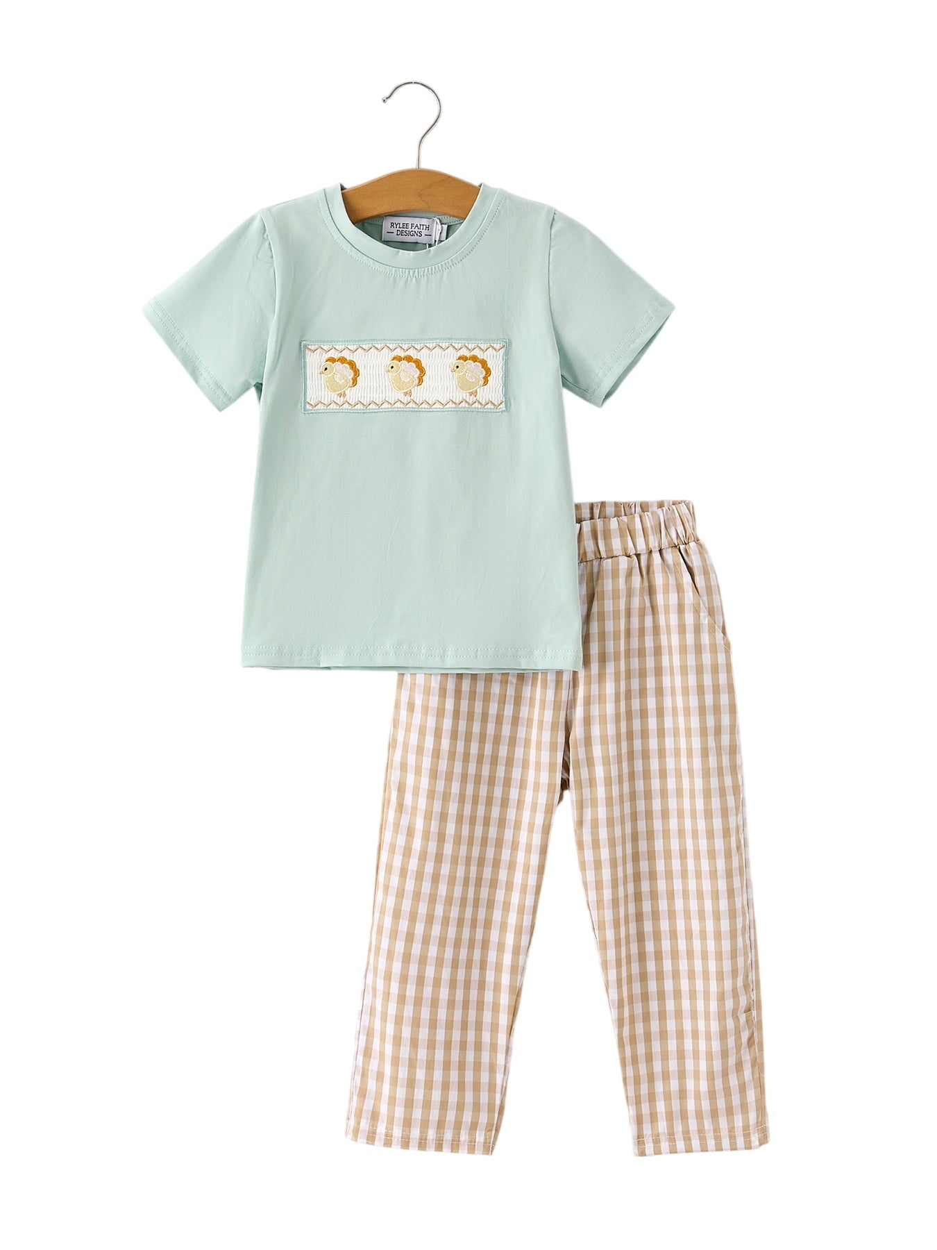 Fall Thanksgiving Plaid Chick Embroidery Smocking Boys Set