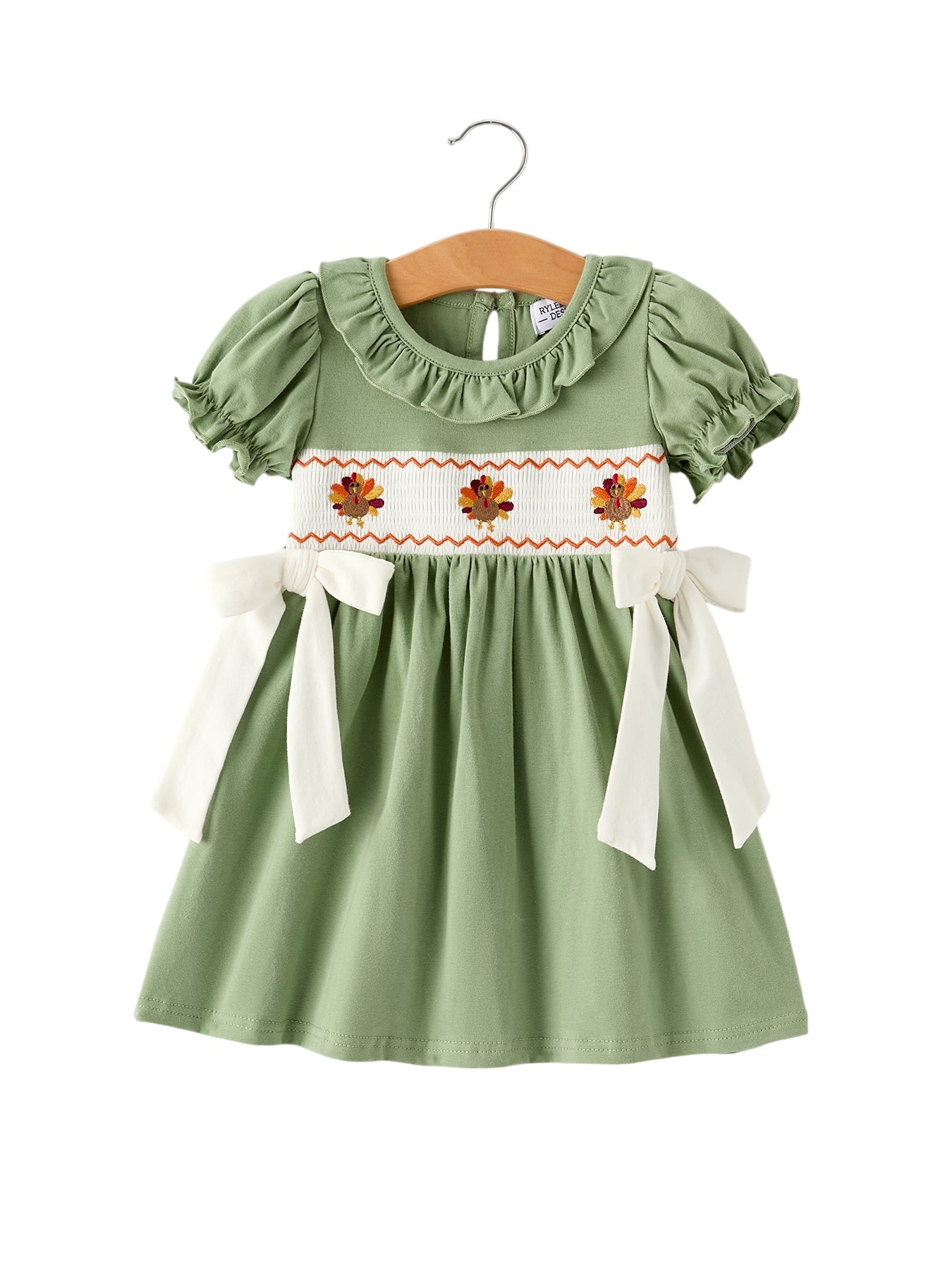 Fall Thanksgiving Chicken Smock Embroidered Green  Baby Girl Dress