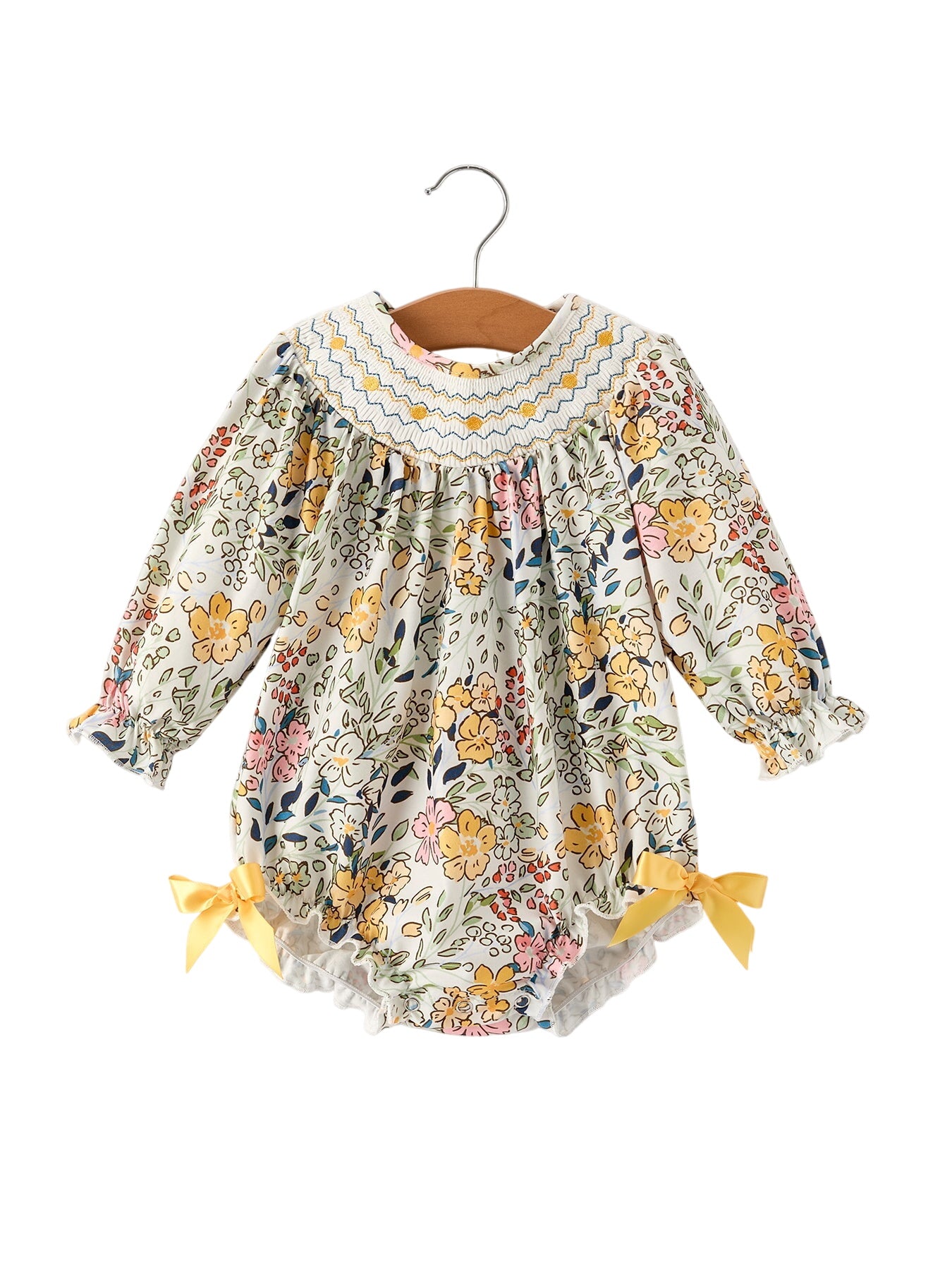 Fall  Embroidery Smocking Bow Floral Leaf Baby Girls Romper