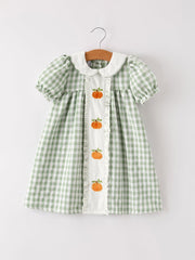 Fall Halloween & Thanksgiving Pumpkin Applique Plaid Green Girls Dress