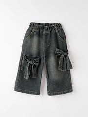 Girls Bow Stretch Wide-leg Jeans