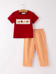 Fall Turkey Embroidered Boy Set – Orange Checkered With Halloween Details