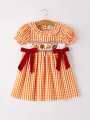 Fall Turkey Embroidered Dress For Girls – Orange Checkered With Halloween Details