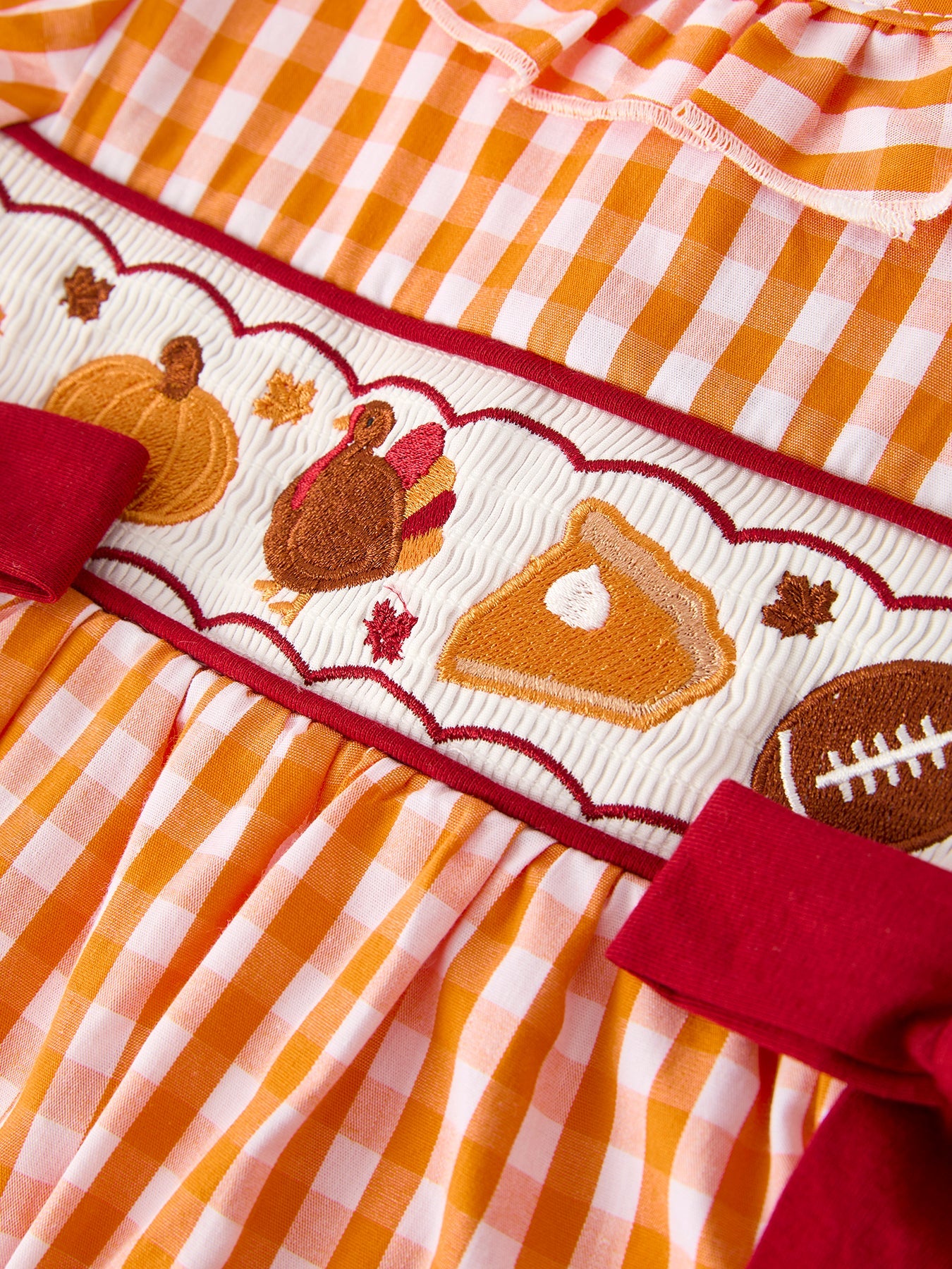 Fall Turkey Embroidered Dress For Girls – Orange Checkered With Halloween Details