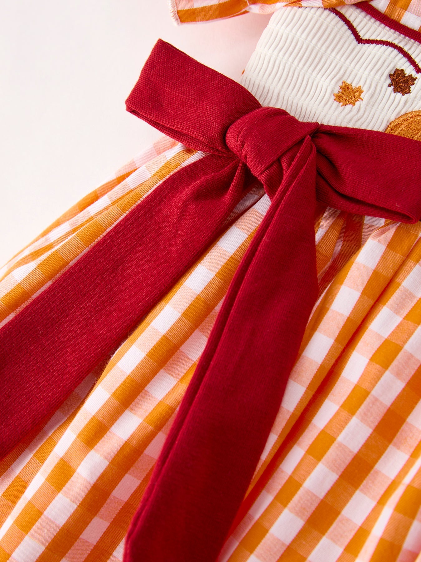 Fall Turkey Embroidered Dress For Girls – Orange Checkered With Halloween Details