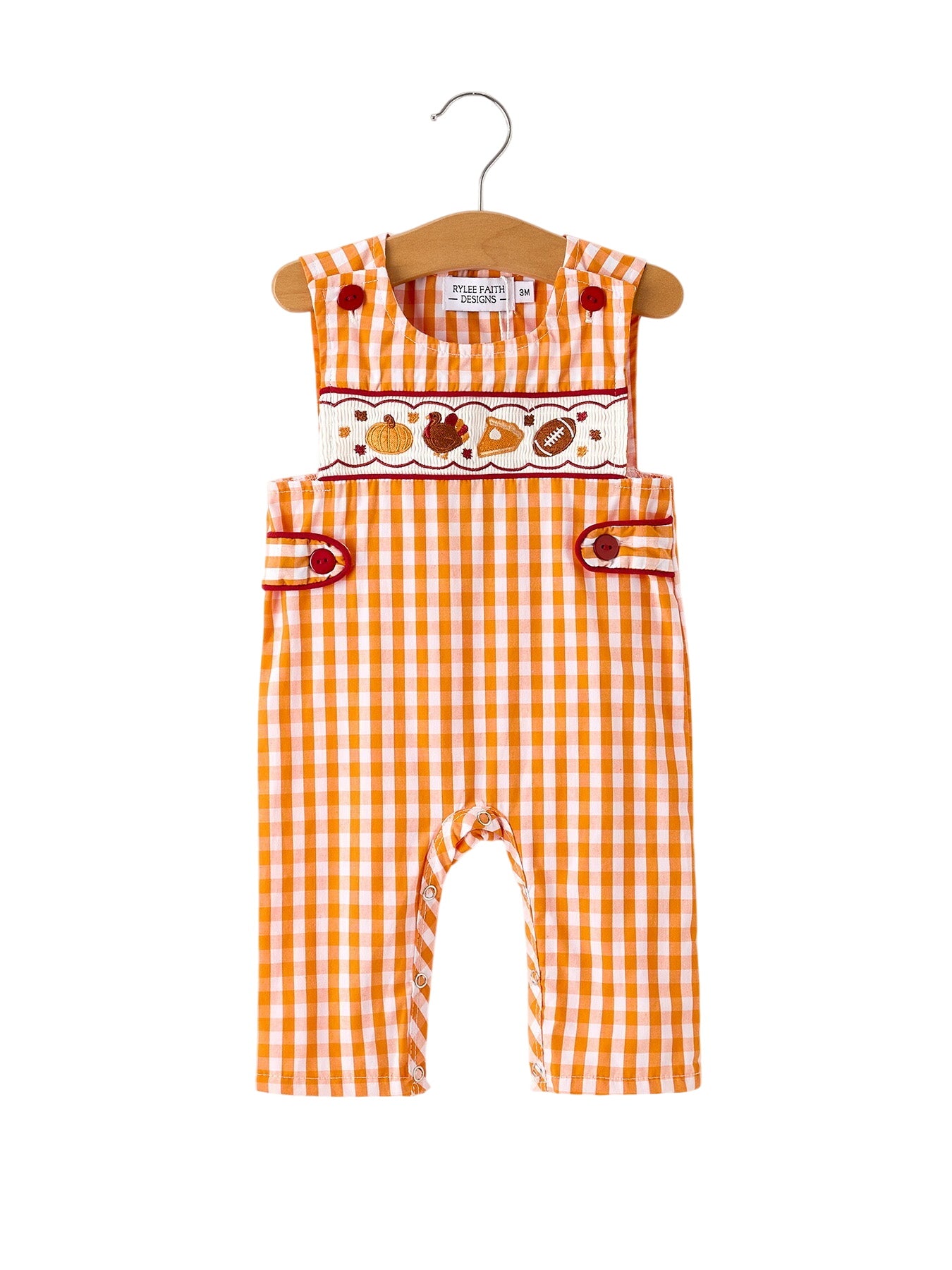 Fall Embroidered Romper For Baby Boys – Orange Checkered With Halloween Details