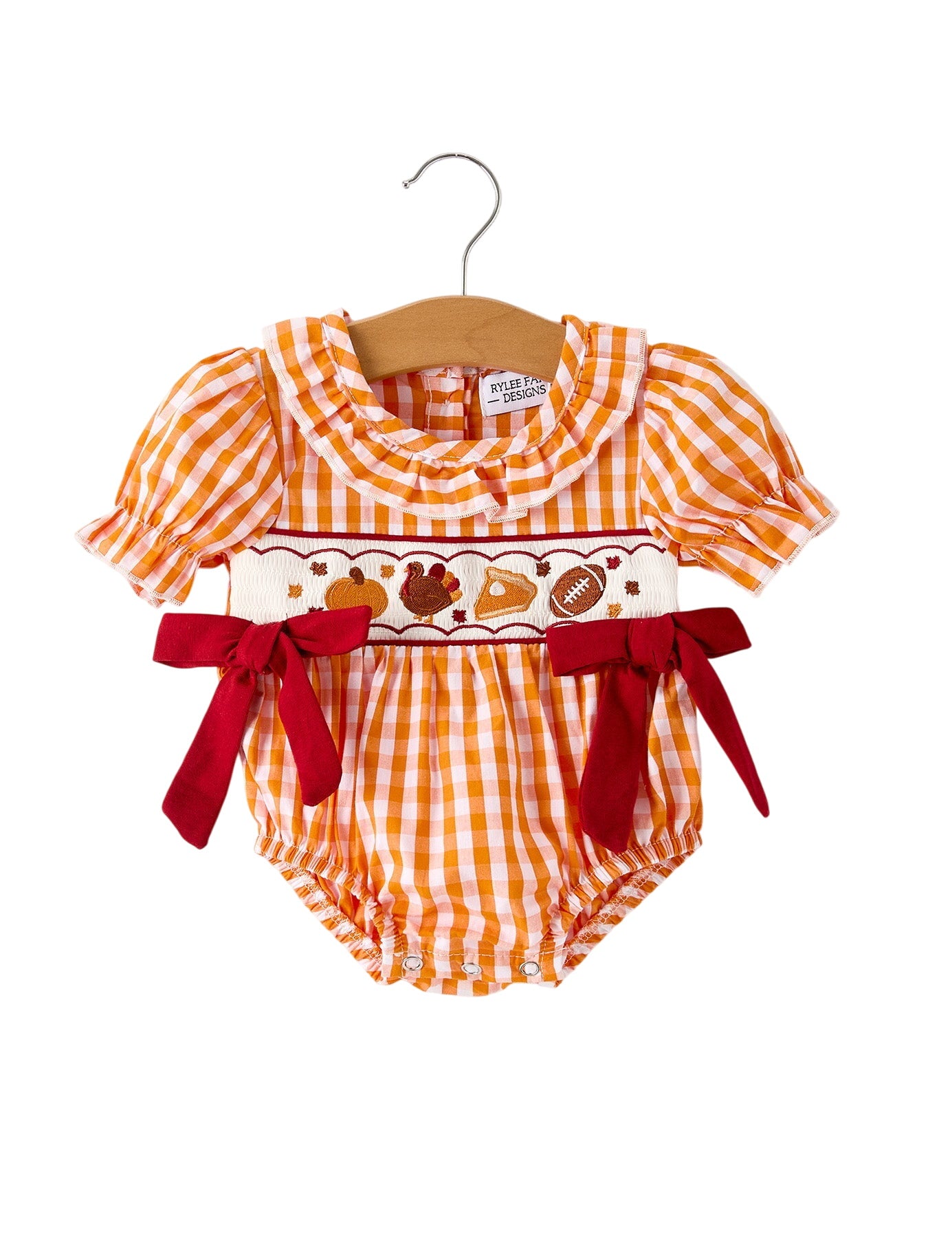Fall Embroidered Romper For Baby Girls – Orange Checkered With Halloween Details