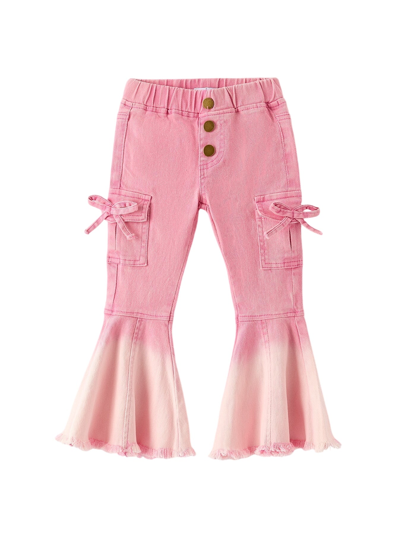 Pink Bell Bottom Jeans – Frayed Hem With Cargo Pockets