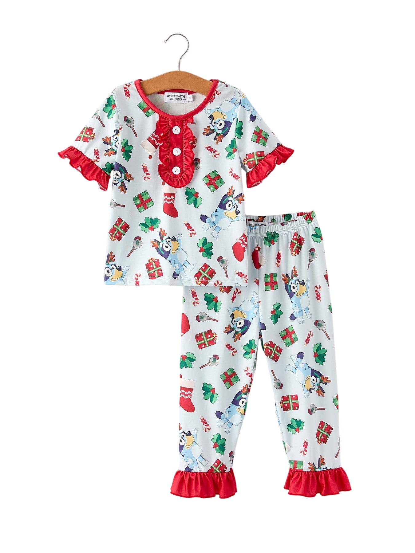 Christmas Character Blue Girls Pajama Set With Ruffles