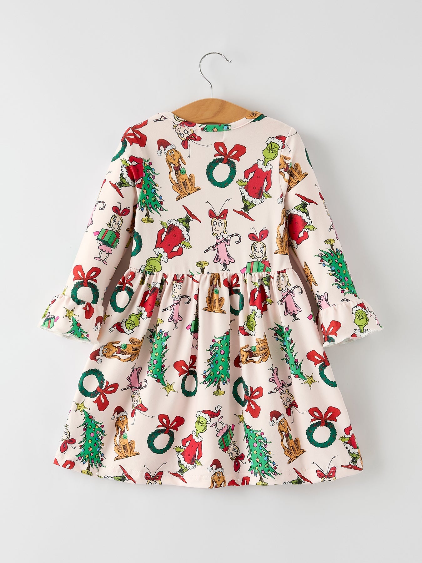 Christmas Character Print  Girls Dress With Ruffle Sleeves