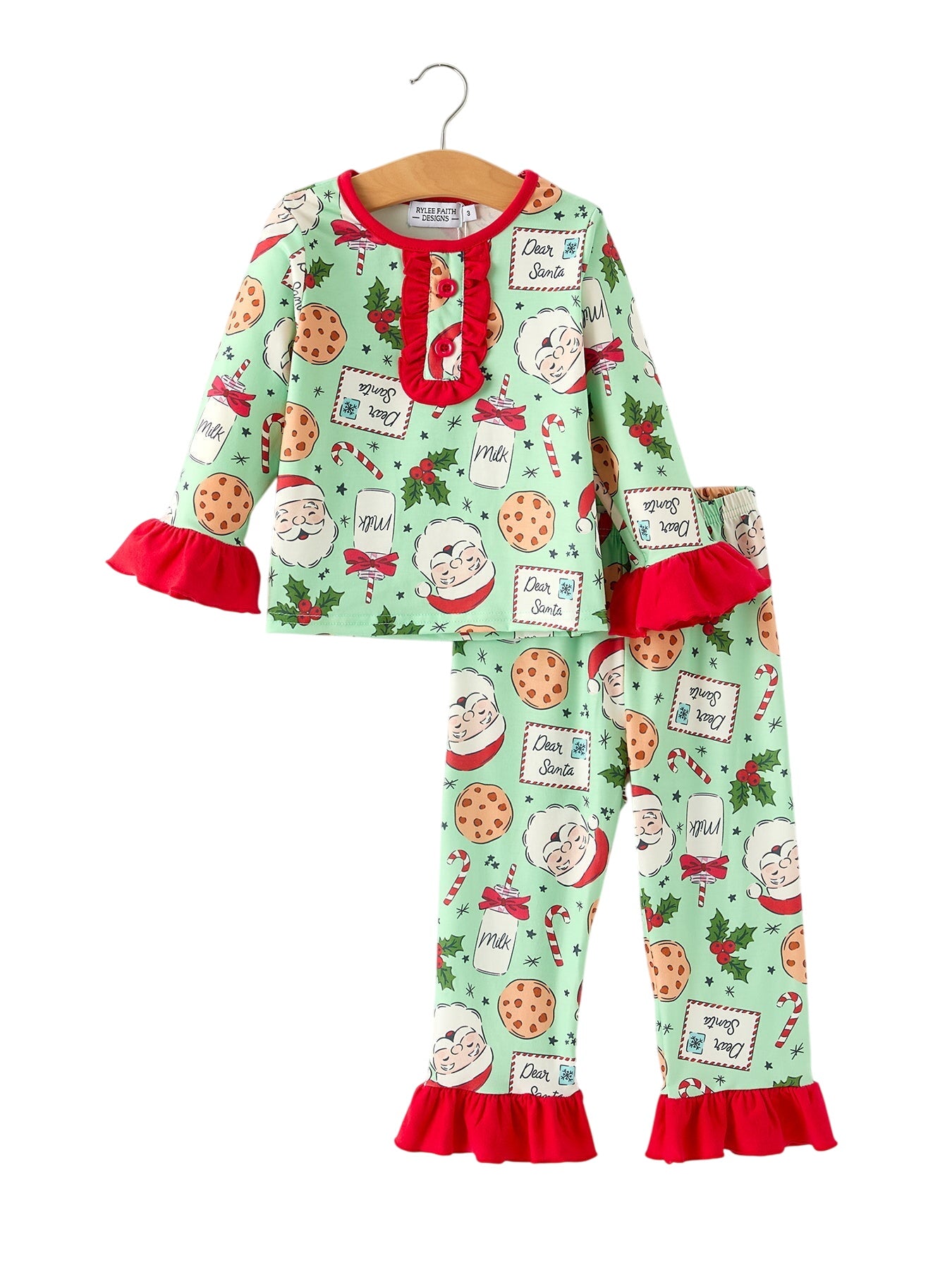 Christmas Santa And Cookie Print Girls Pajamas With Red Ruffle