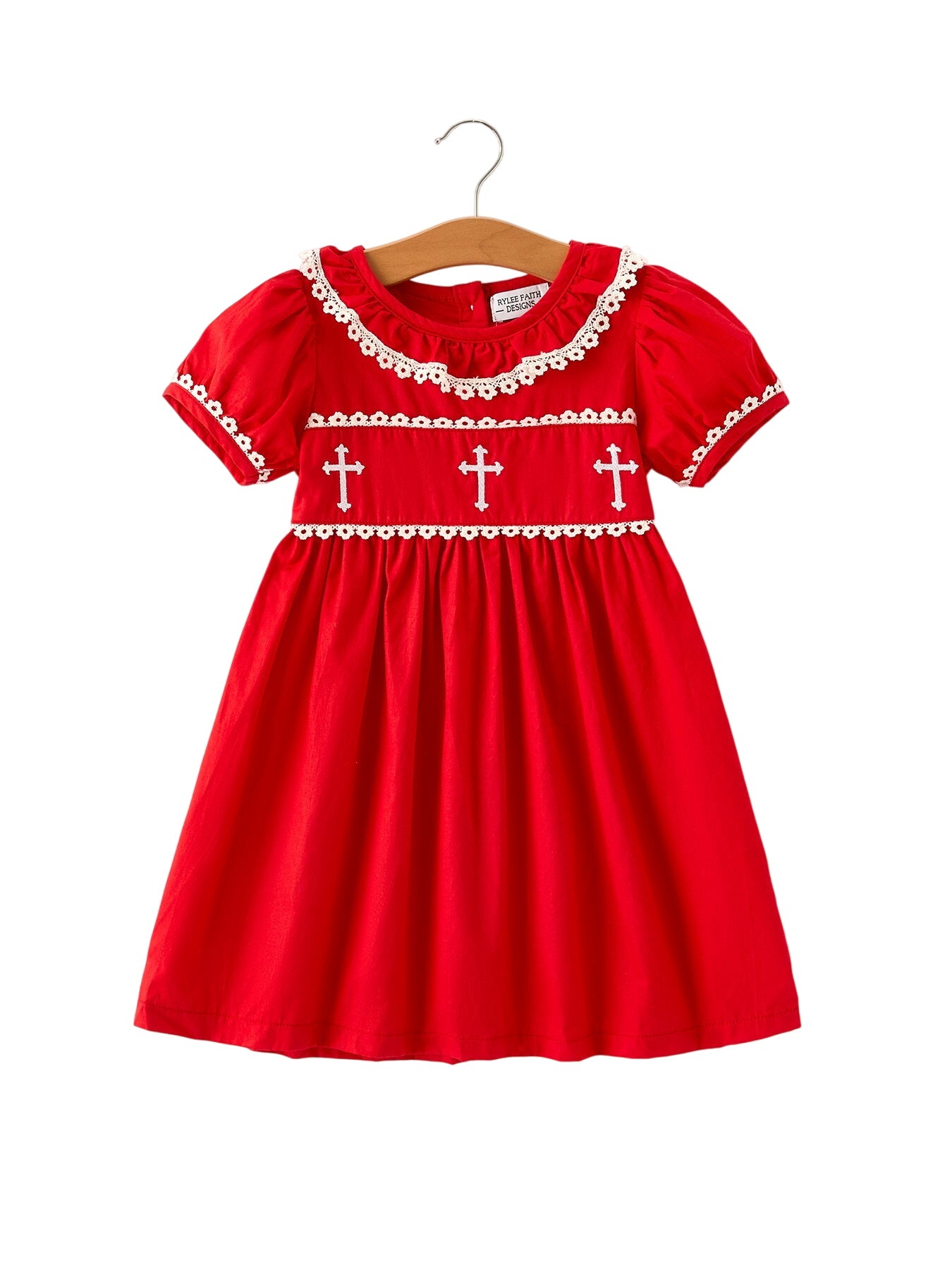 Red Christmas Girls Dress: Cross Embroidery With Lace Trim