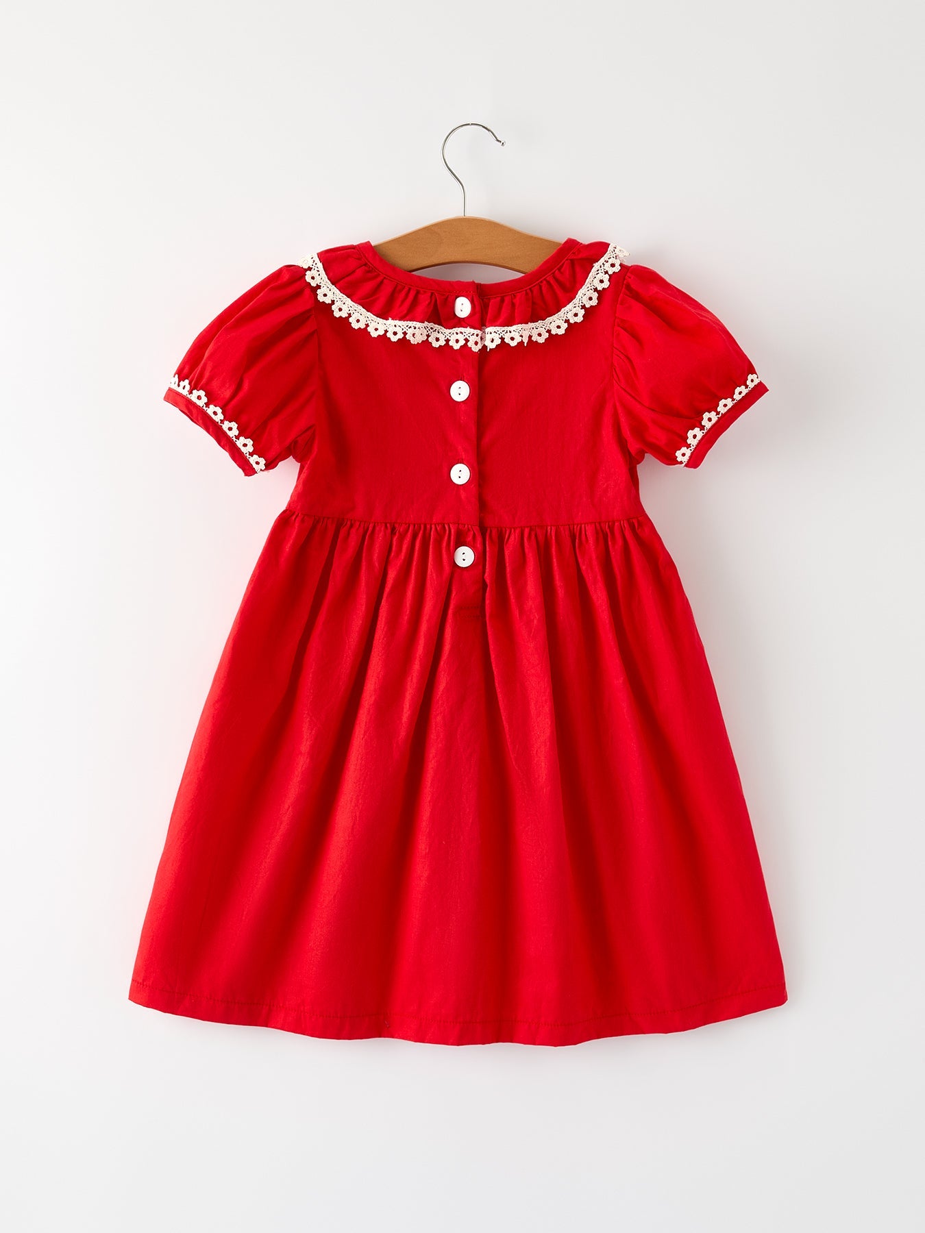 Red Christmas Girls Dress: Cross Embroidery With Lace Trim