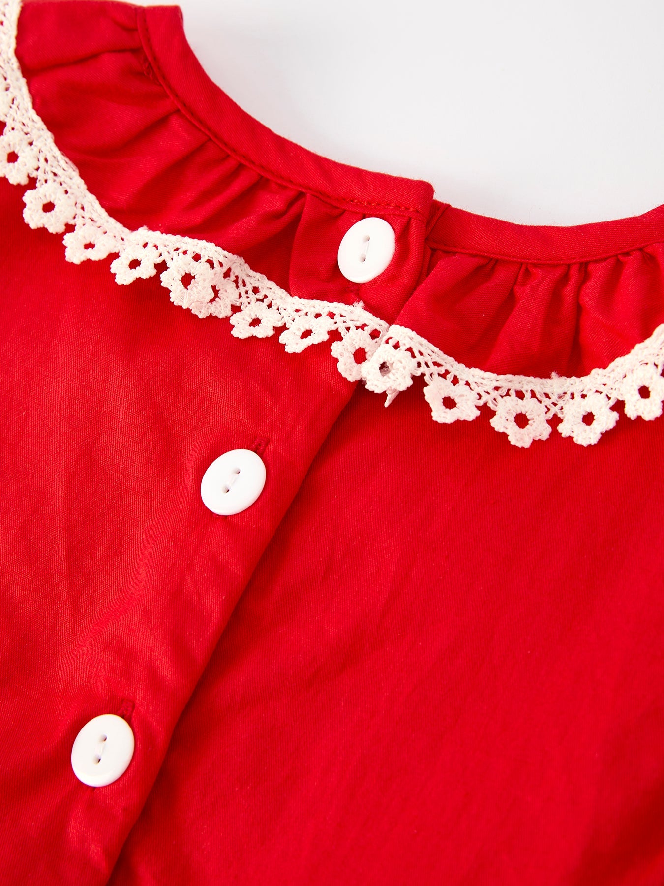 Red Christmas Girls Dress: Cross Embroidery With Lace Trim